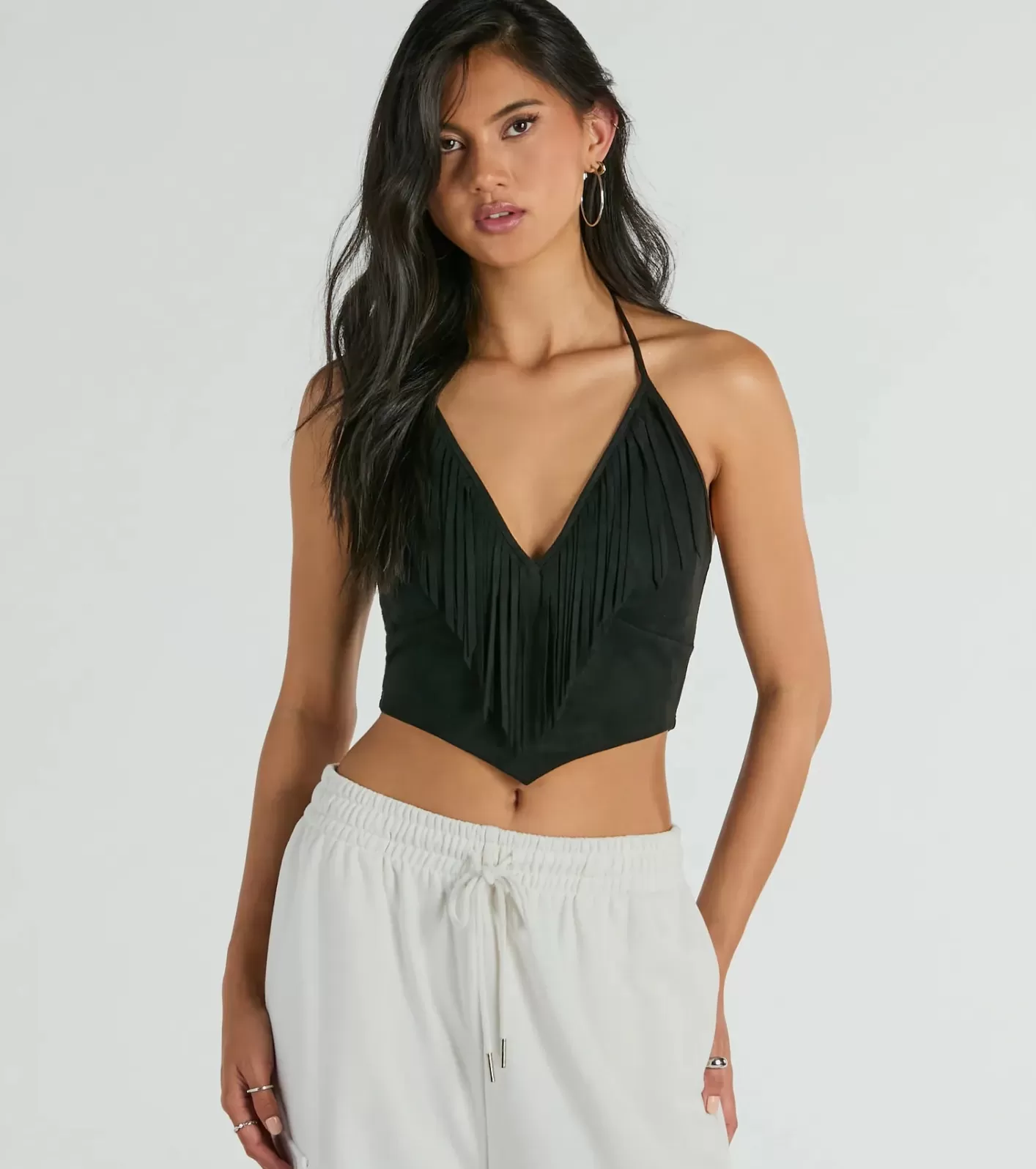 Windsor Festive Icon V-Neck Fringe Halter Faux Suede Crop Top BLACK Hot