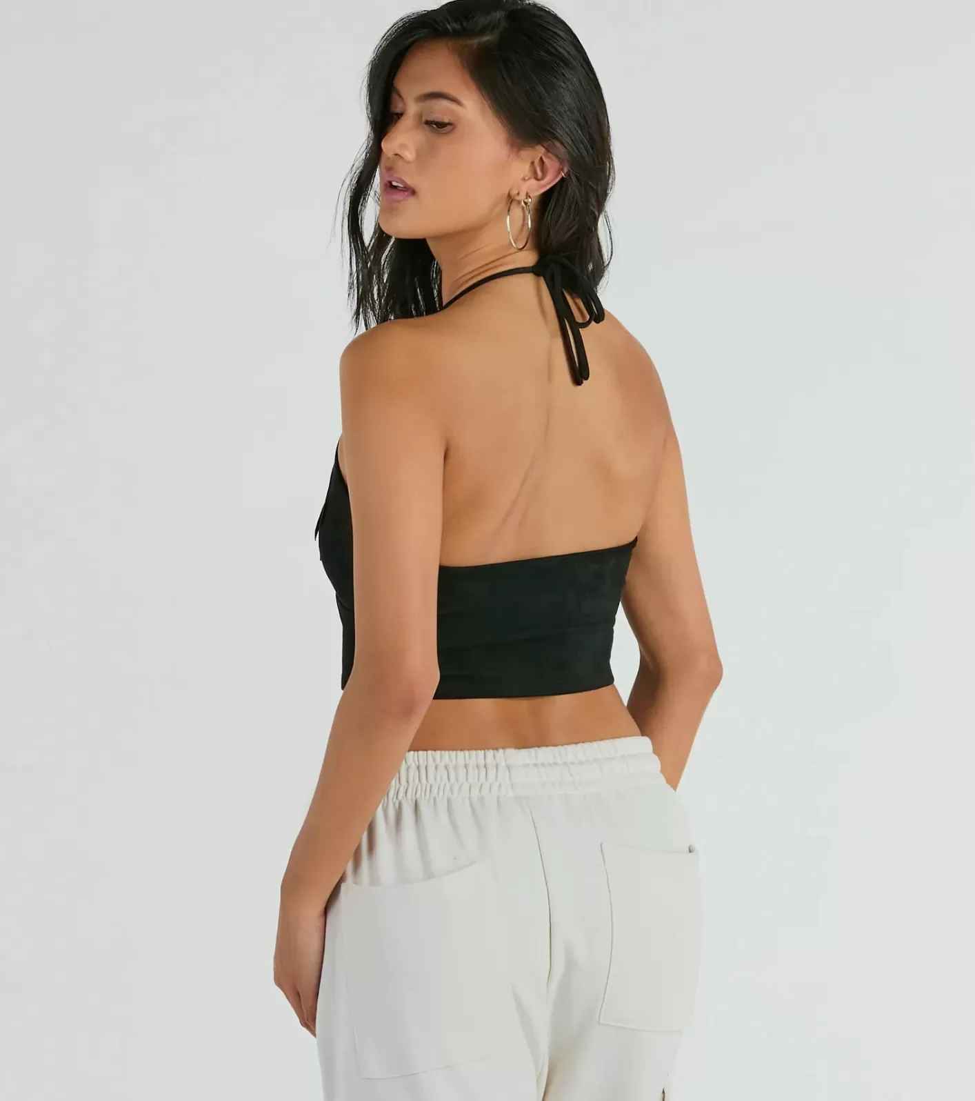 Windsor Festive Icon V-Neck Fringe Halter Faux Suede Crop Top BLACK Hot