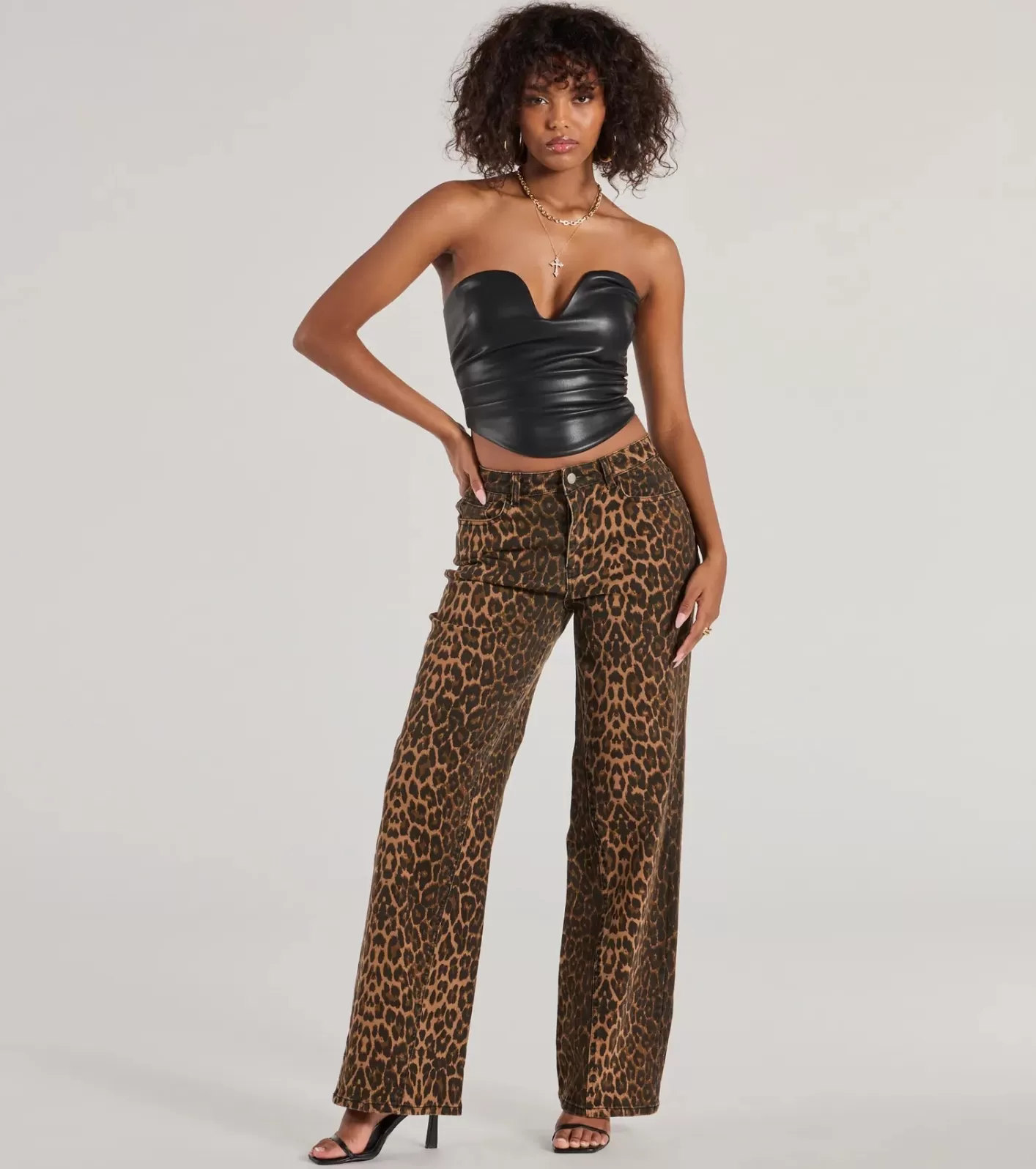 Windsor Fierce Aura Wide Leg Print Denim Jeans LEOPARD Clearance