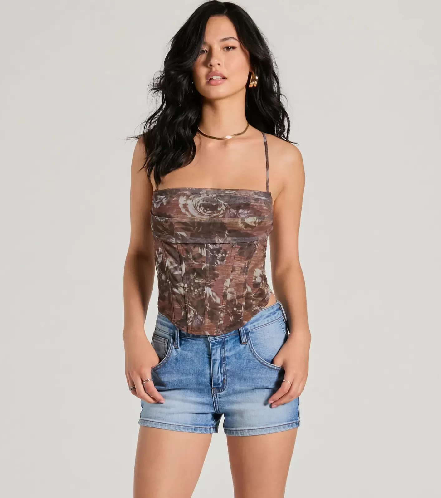 Windsor Flawless One Floral Strappy Corset Crop Top RUST Cheap