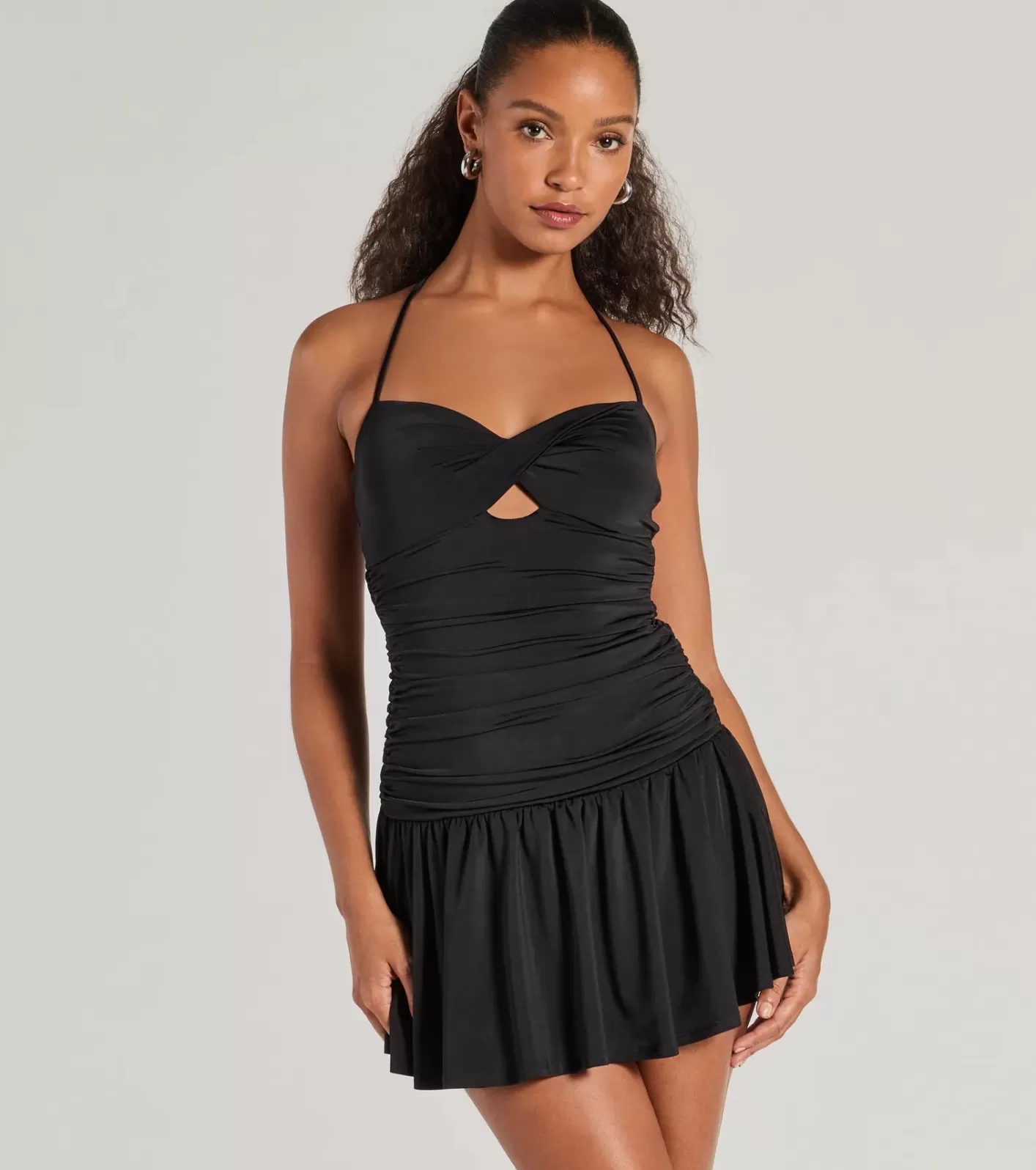 Windsor Flirty Flair Ruched Drop Waist Skater Dress BLACK Cheap