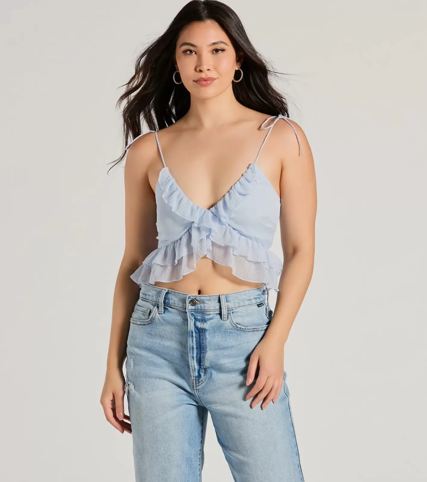 Windsor Flirty Flounce V-Neck Ruffled Crop Top LIGHTBLUE Fashion