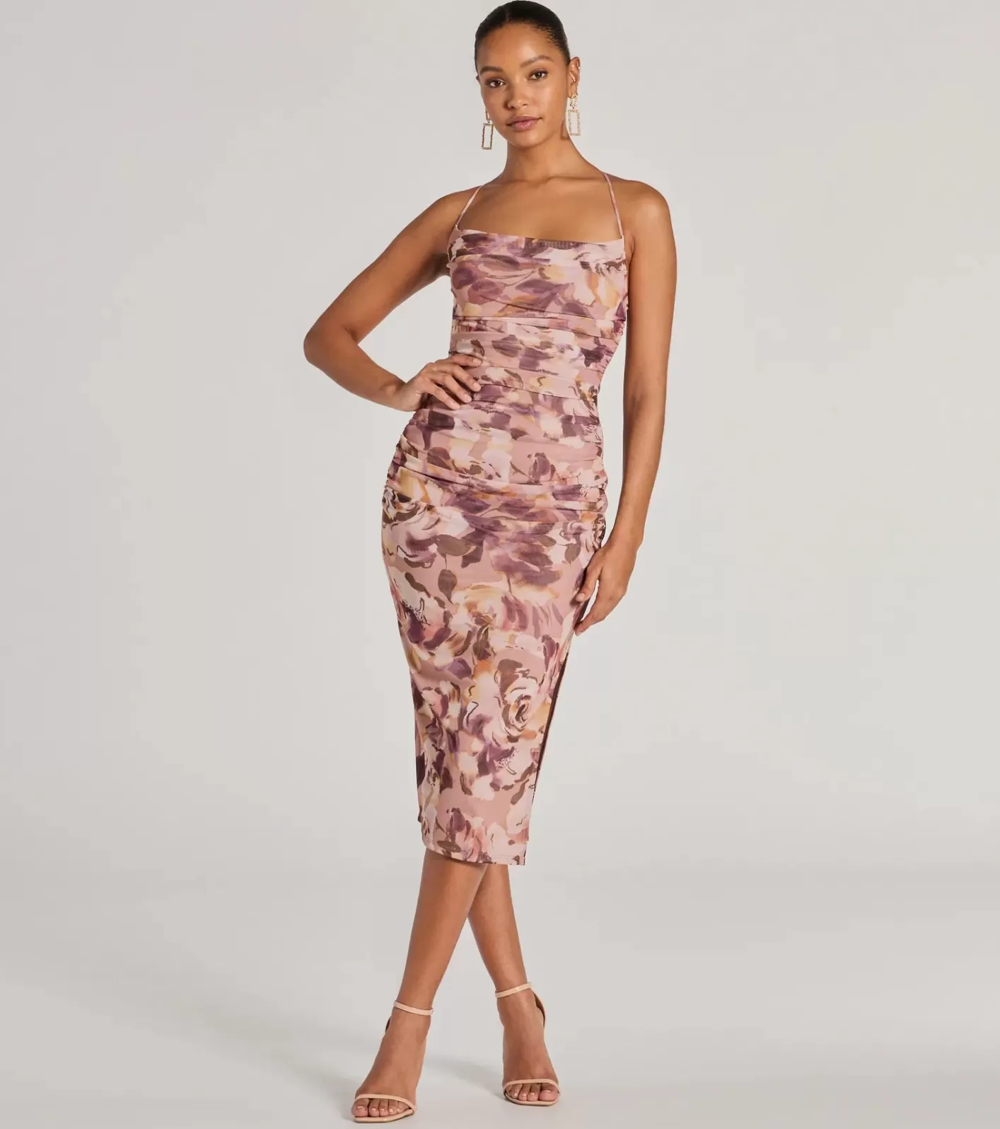 Windsor Floral Energy Lace-Up Bodycon Slit Midi Dress NATURAL Cheap