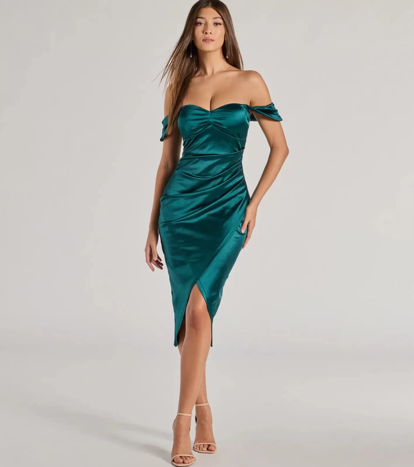 Windsor Gaia Satin Off The Shoulder Wrap Midi Dress HUNTER Flash Sale