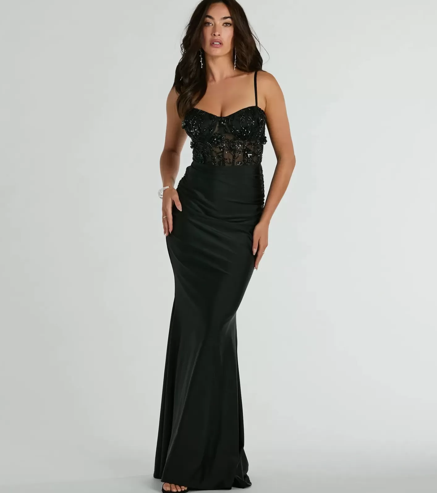 Windsor Gina Beaded Floral Bustier Lace Up Mermaid Formal Dress BLACK Clearance
