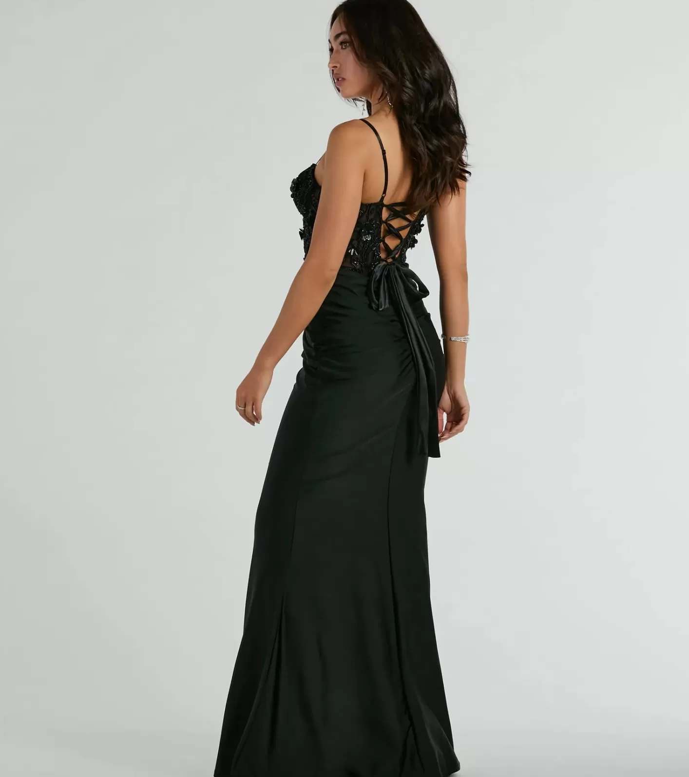 Windsor Gina Beaded Floral Bustier Lace Up Mermaid Formal Dress BLACK Clearance