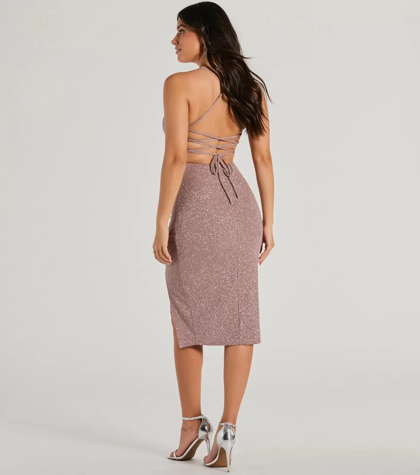 Windsor Glam Upgrade Lace-Up Bodycon Glitter Midi Dress TAUPE Best Sale