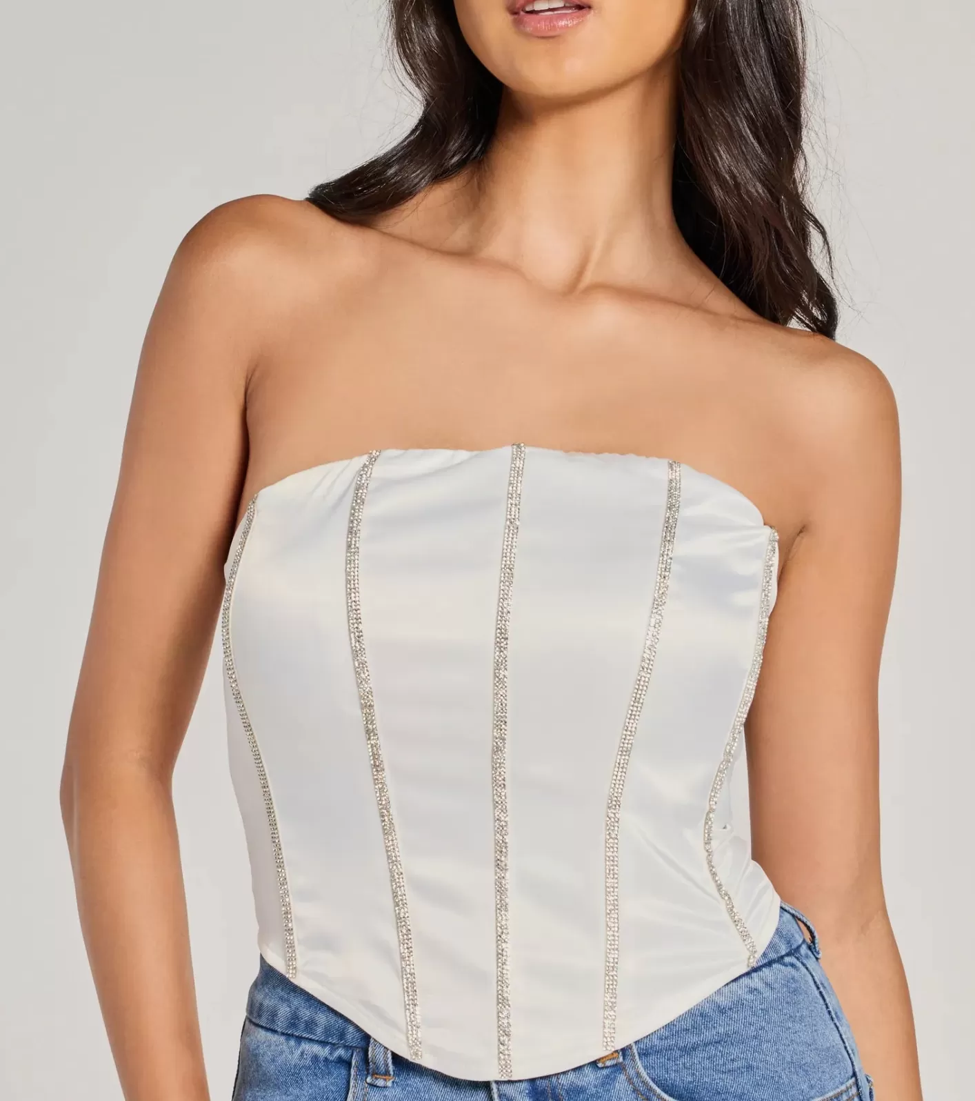 Windsor Glitz It Up Rhinestone Trim Satin Strapless Corset Top OFFWHITE New