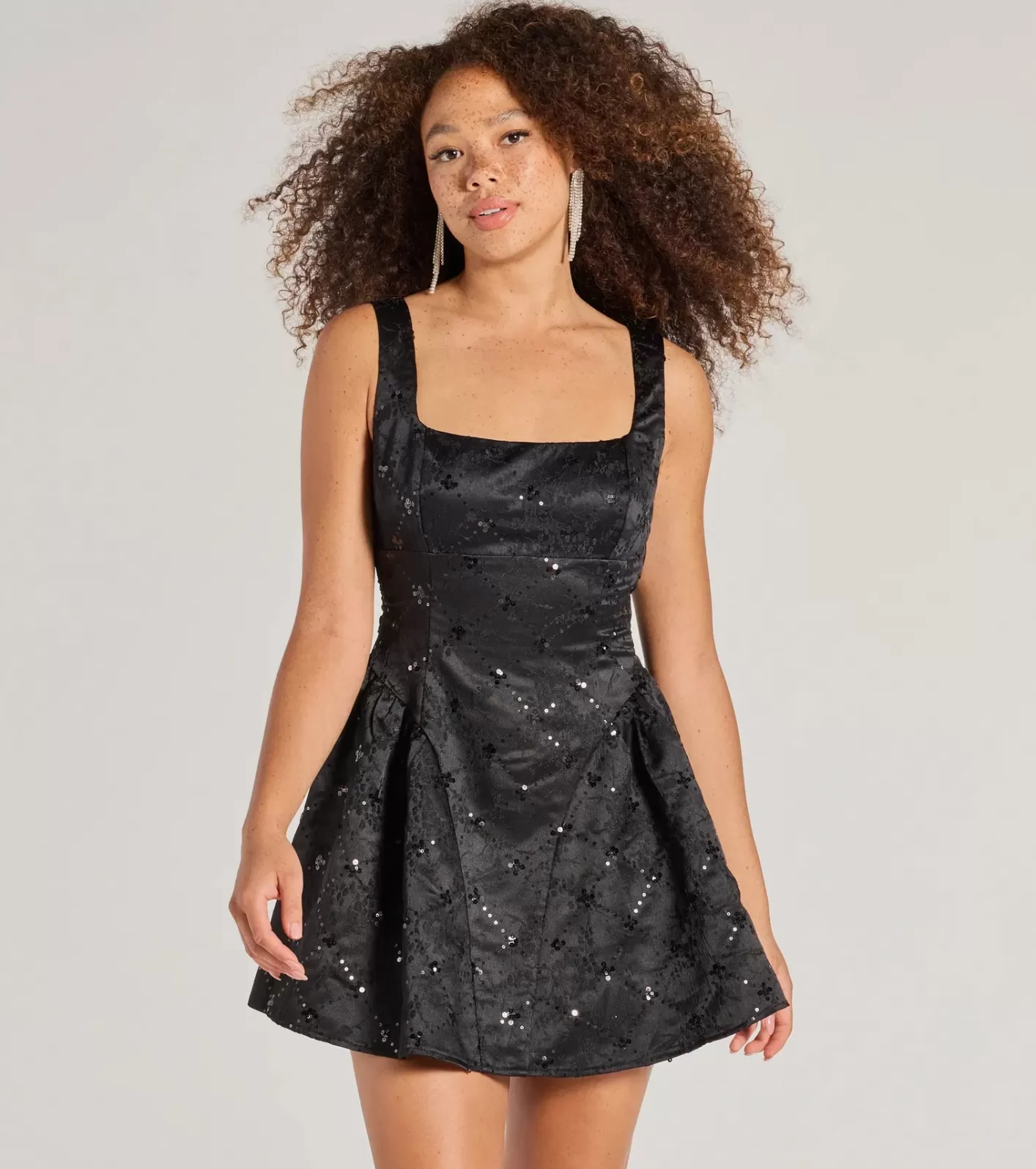 Windsor Glitzy Chic Sequin Woven Drop Waist Skater Dress BLACK Shop