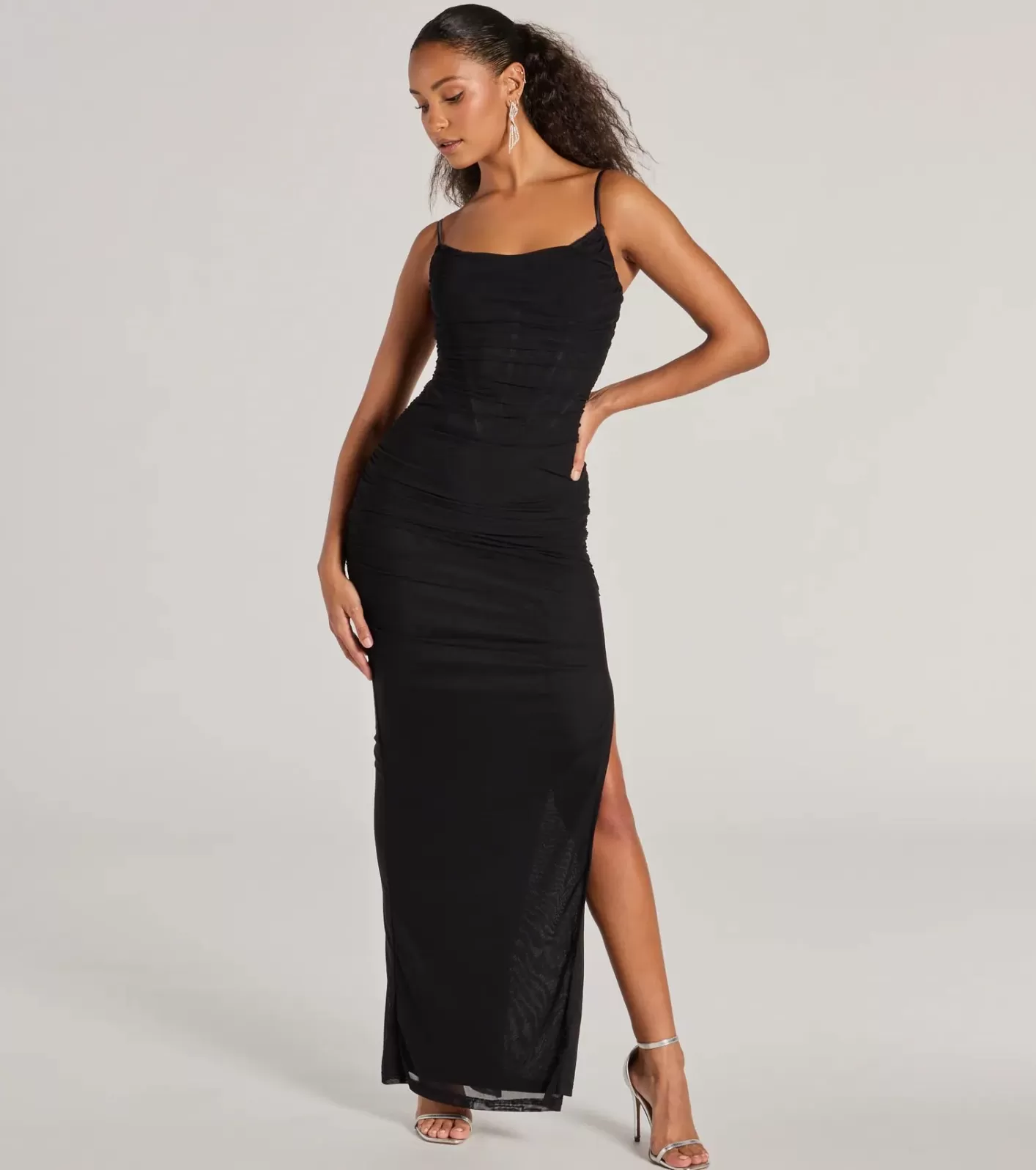 Windsor Gloria V-Neck Lace Corset Slim Mesh Formal Dress BLACK Flash Sale