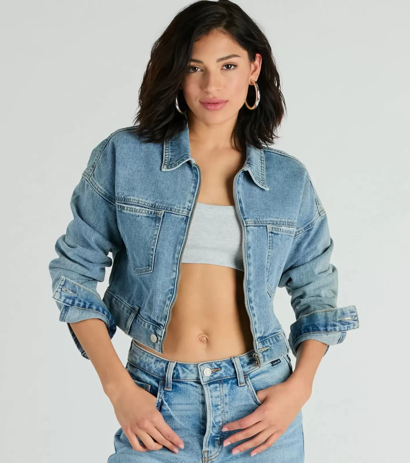 Windsor Good Vibes Zip-Up Crop Trucker Denim Jacket LIGHTDENIM Hot