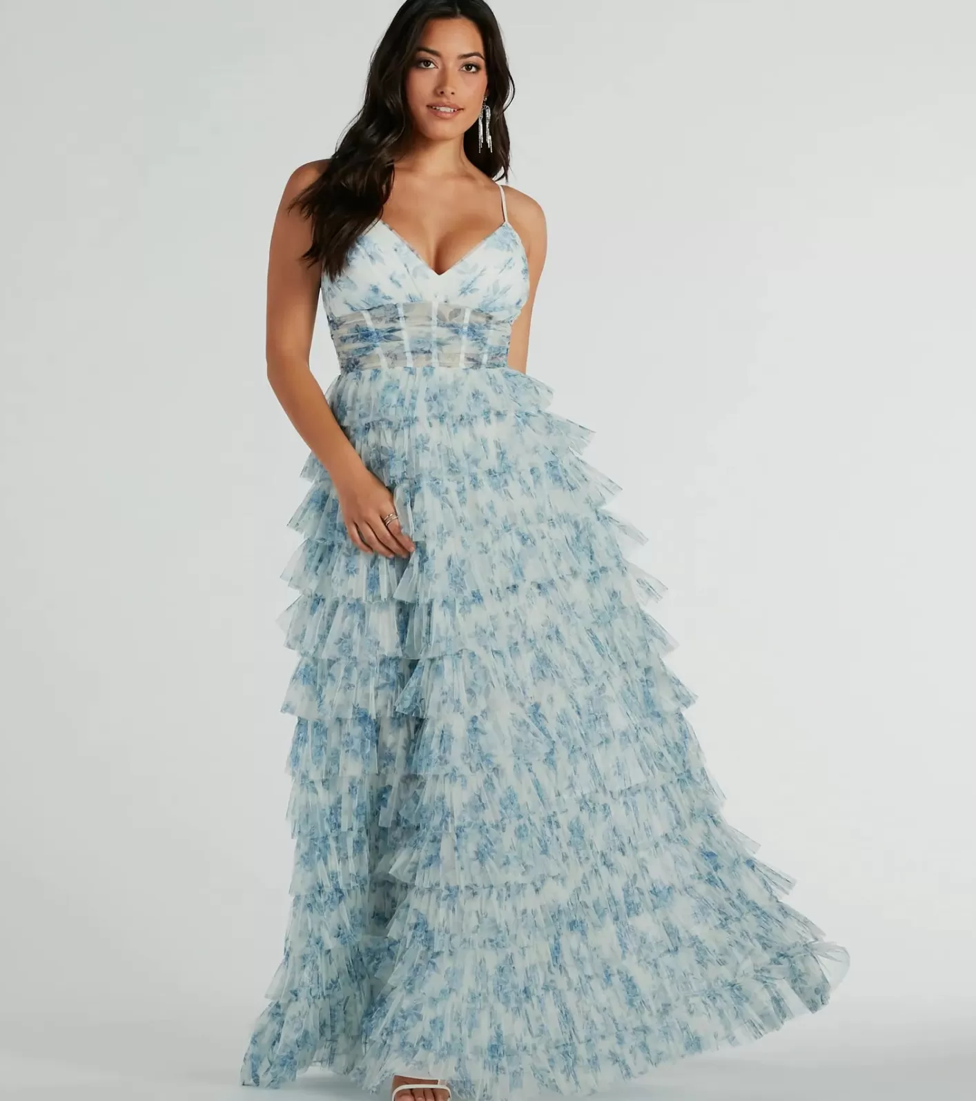Windsor Halle Corset Ruffle A-Line Floral Formal Dress LIGHTBLUE Cheap