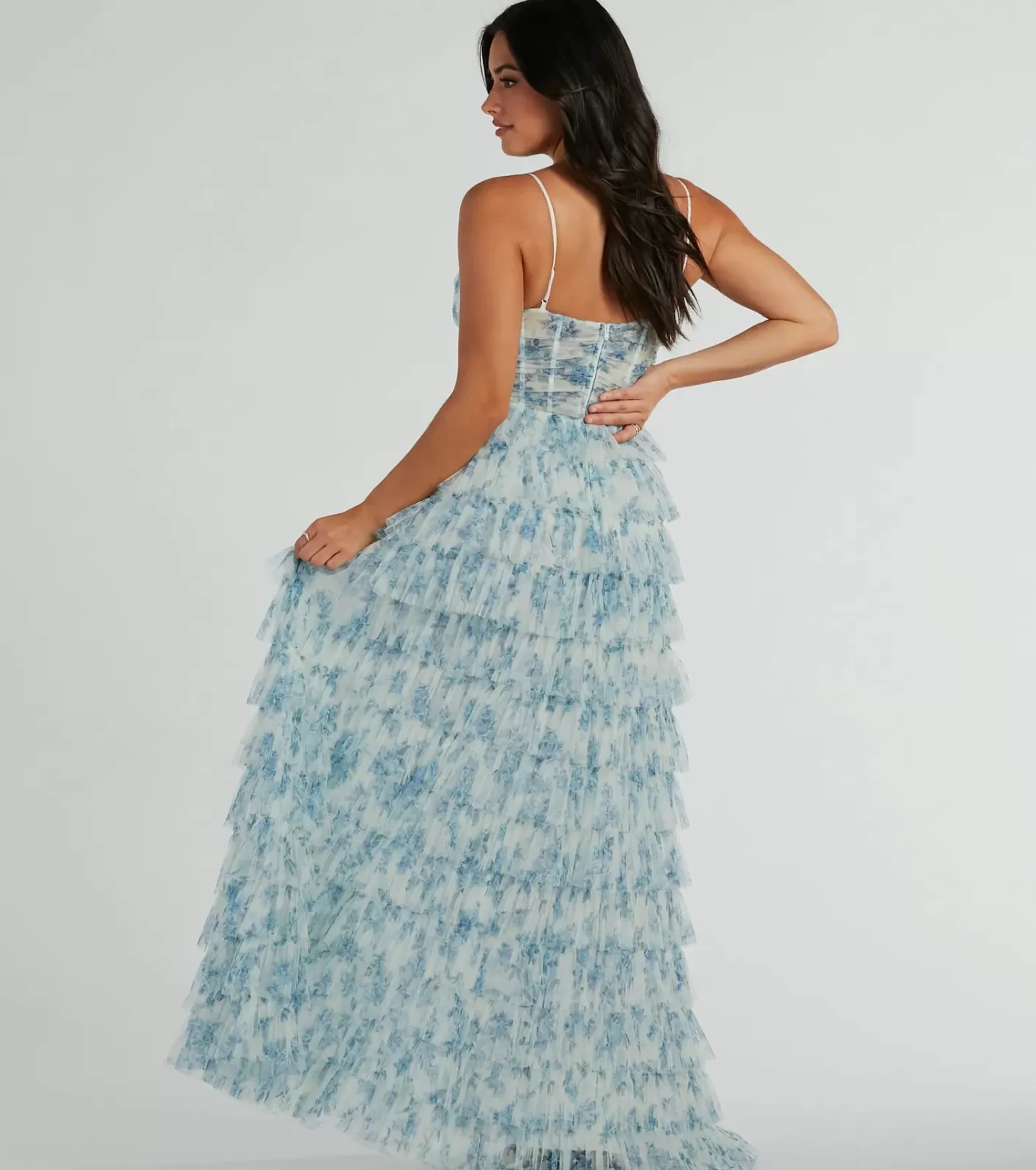 Windsor Halle Corset Ruffle A-Line Floral Formal Dress LIGHTBLUE Cheap