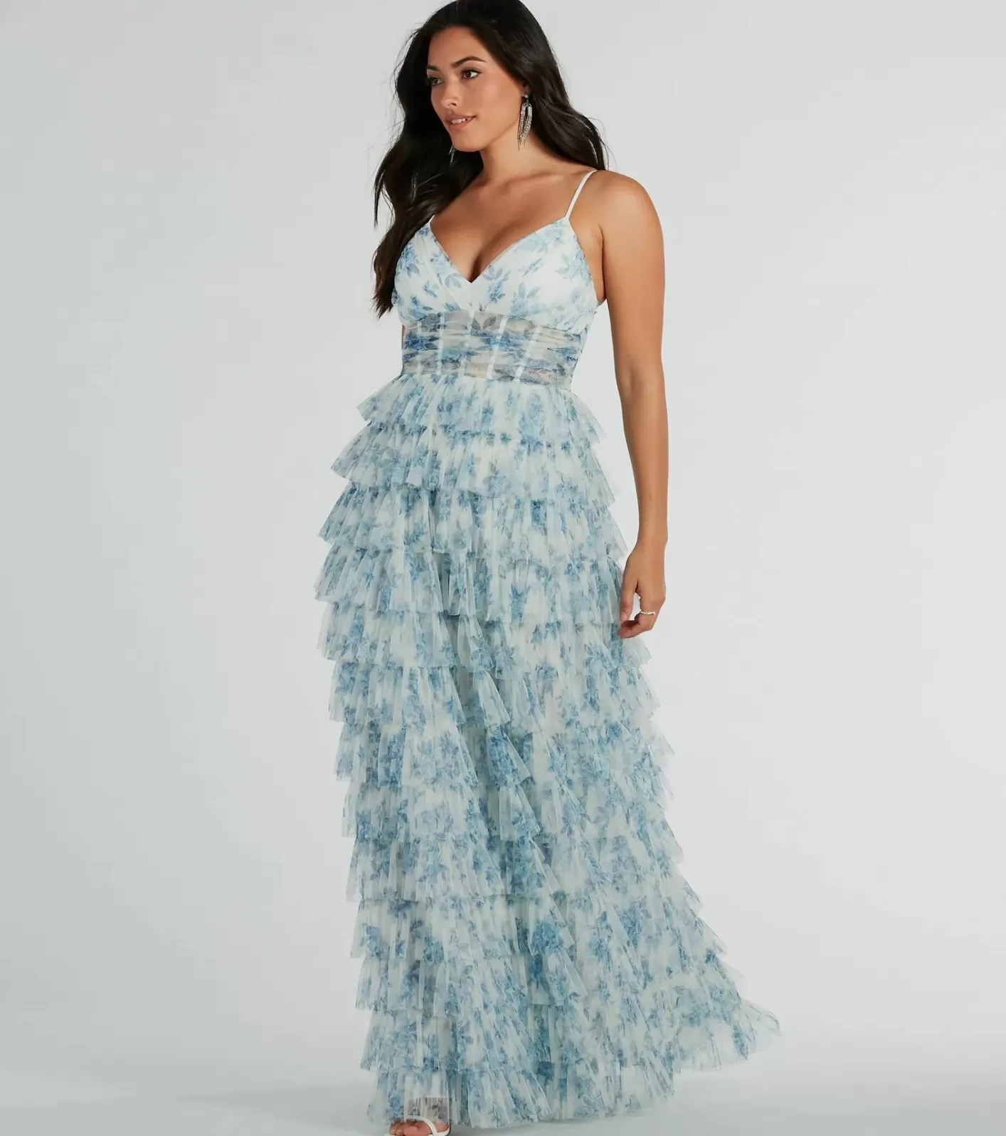 Windsor Halle Corset Ruffle A-Line Floral Formal Dress LIGHTBLUE Cheap