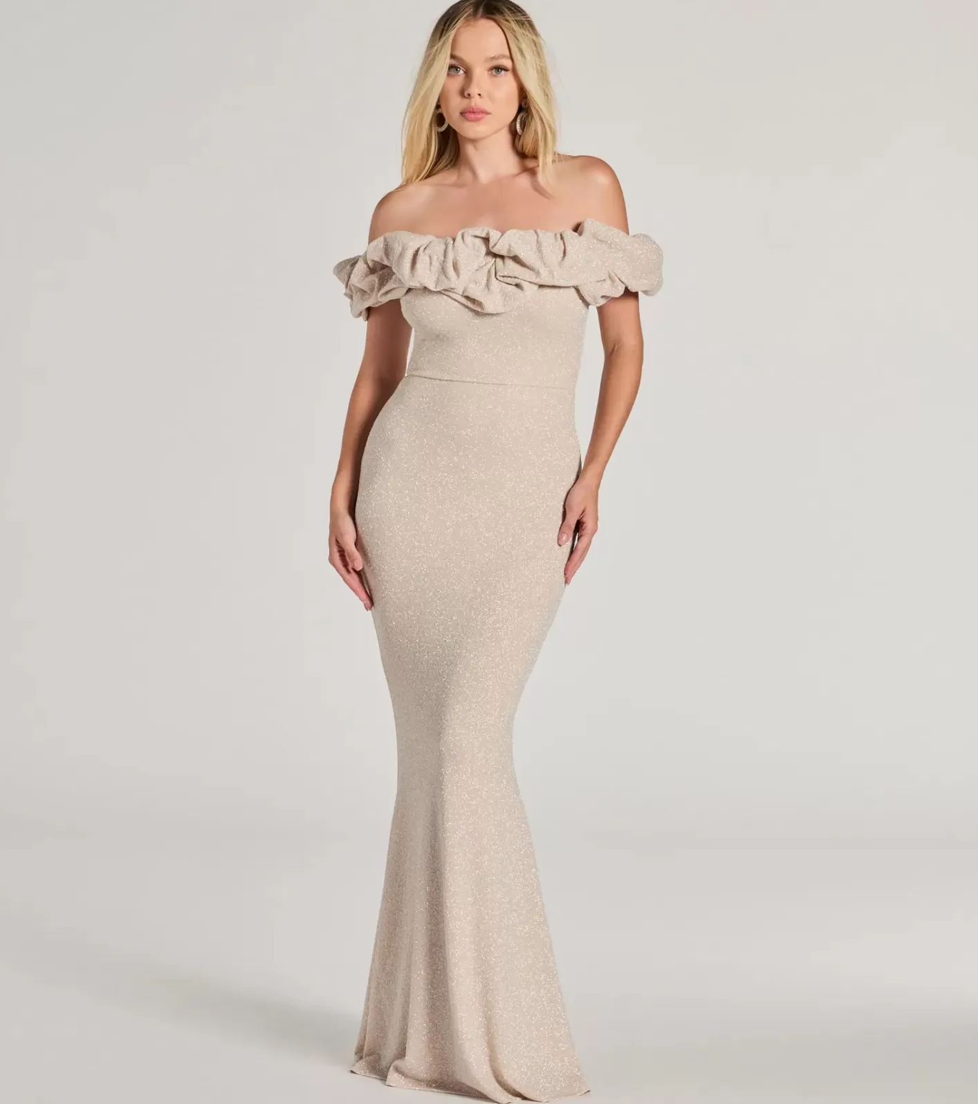 Windsor Halsey Formal Glitter Ruffled Mermaid Dress IVORY Shop