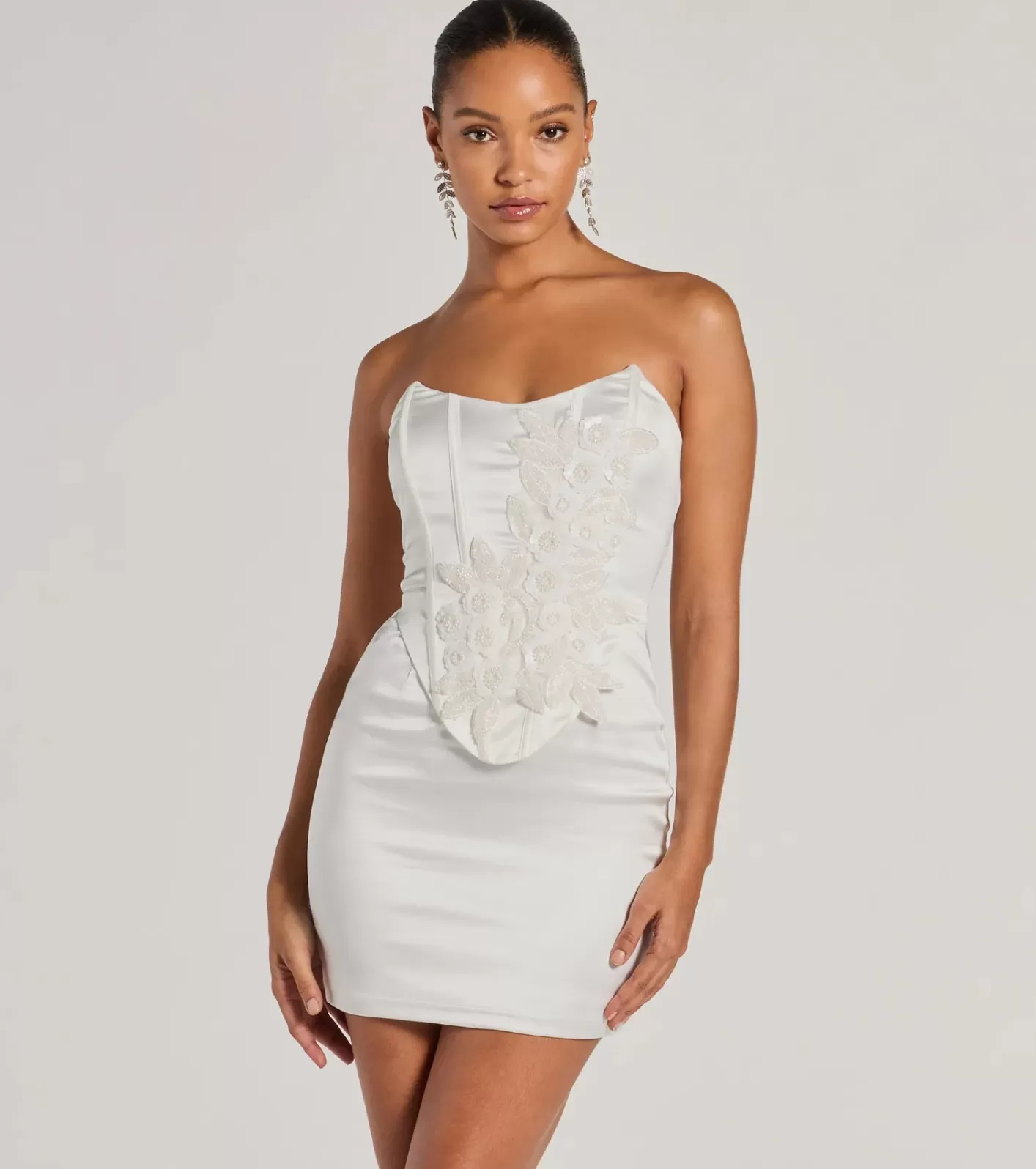 Windsor Hannah Pearl Beaded Floral Satin Corset Mini Dress WHITE Shop