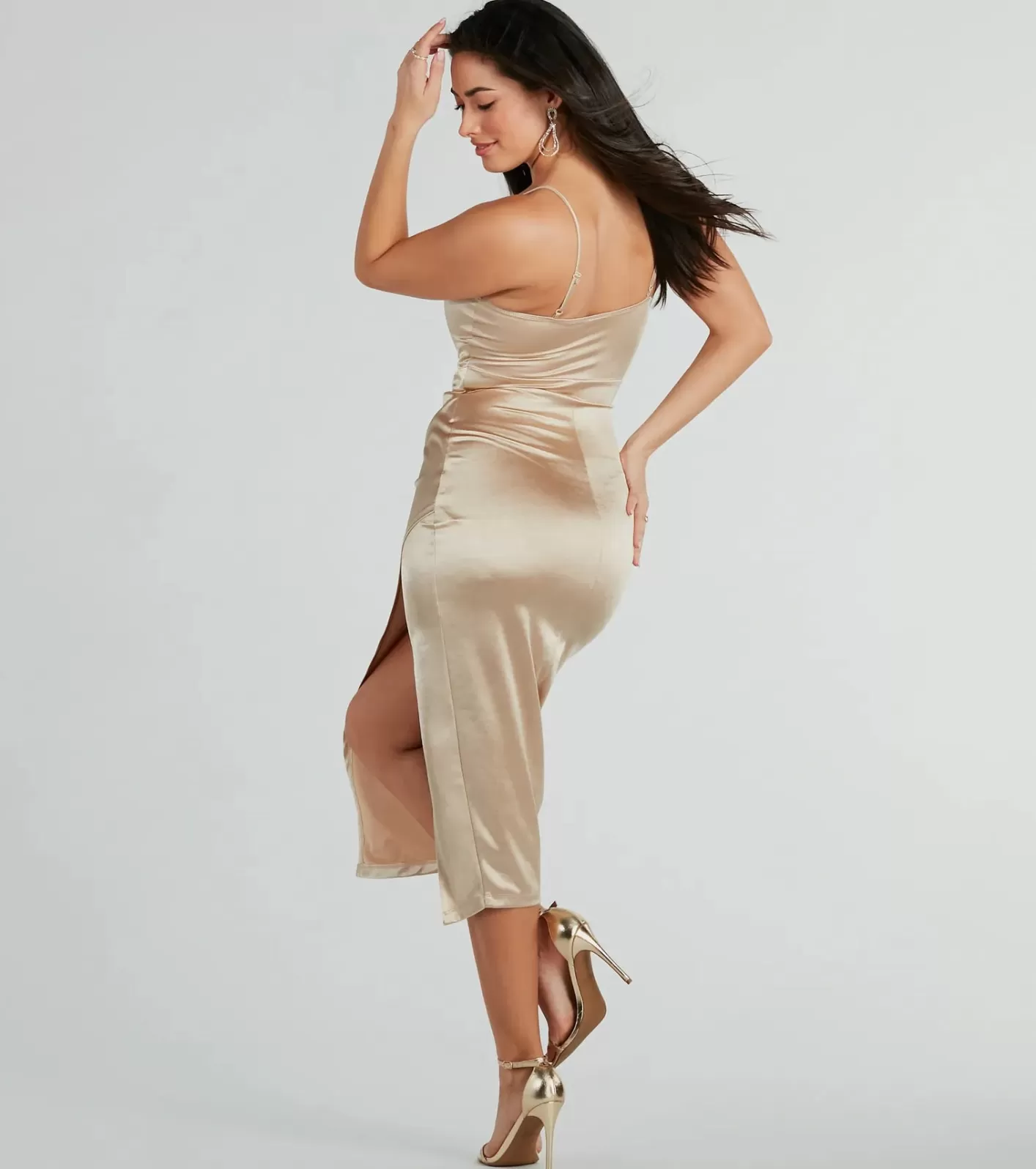 Windsor Harriet Formal Satin Corset Midi Dress GOLD Hot