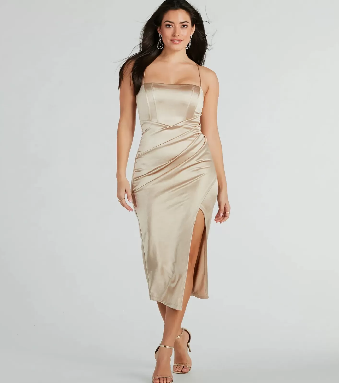 Windsor Harriet Formal Satin Corset Midi Dress GOLD Hot