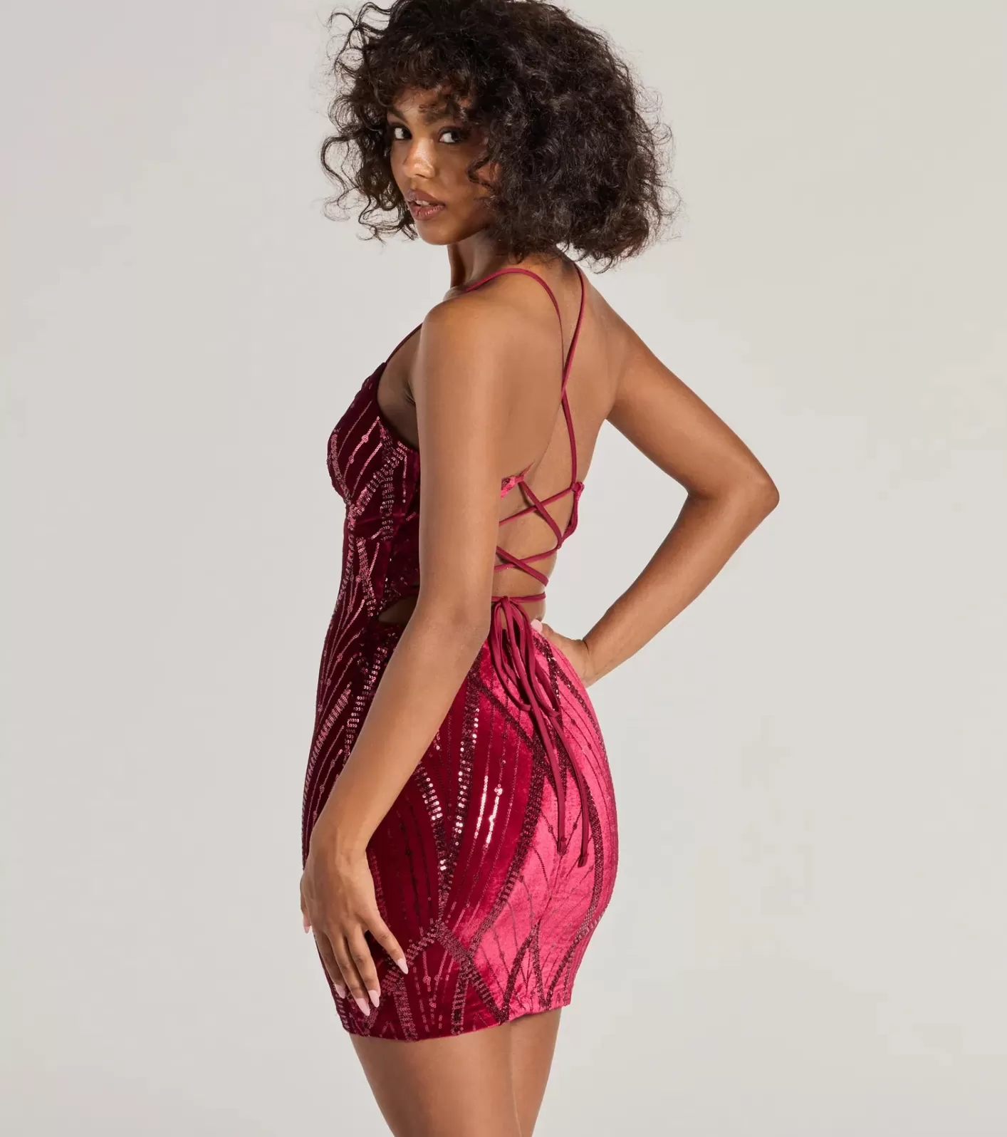 Windsor Heather Lace-Up Sequin Velvet Mini Dress WINE Best