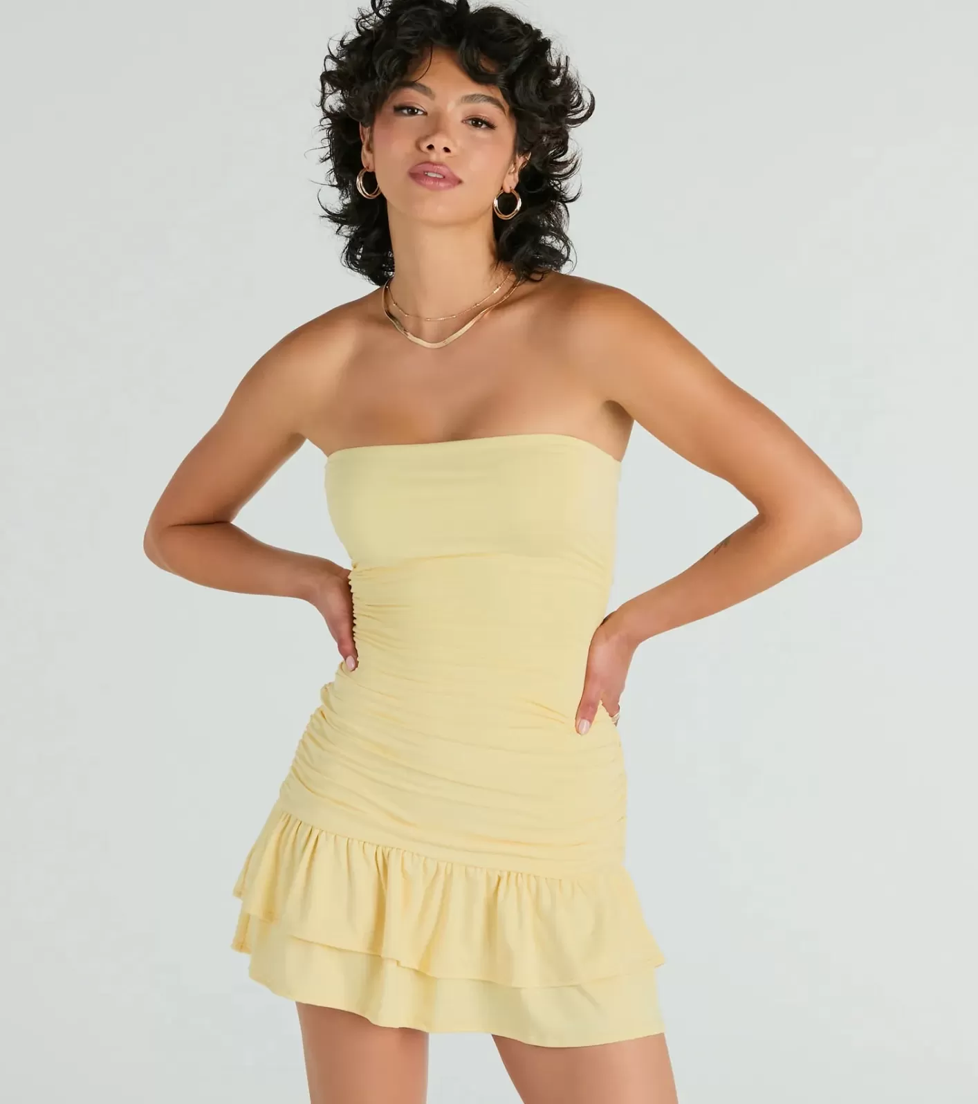 Windsor Here Comes The Sun Strapless Ruffle Mini Dress YELLOW Cheap