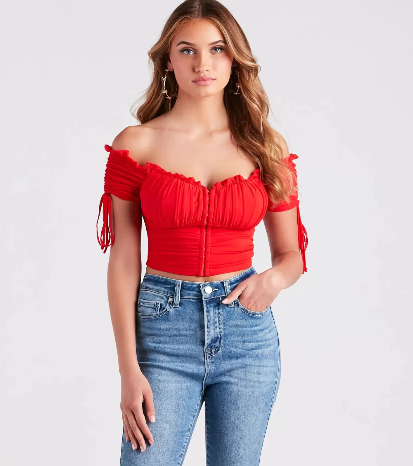 Windsor Hooked In Ruched Crop Top RED-2 Clearance