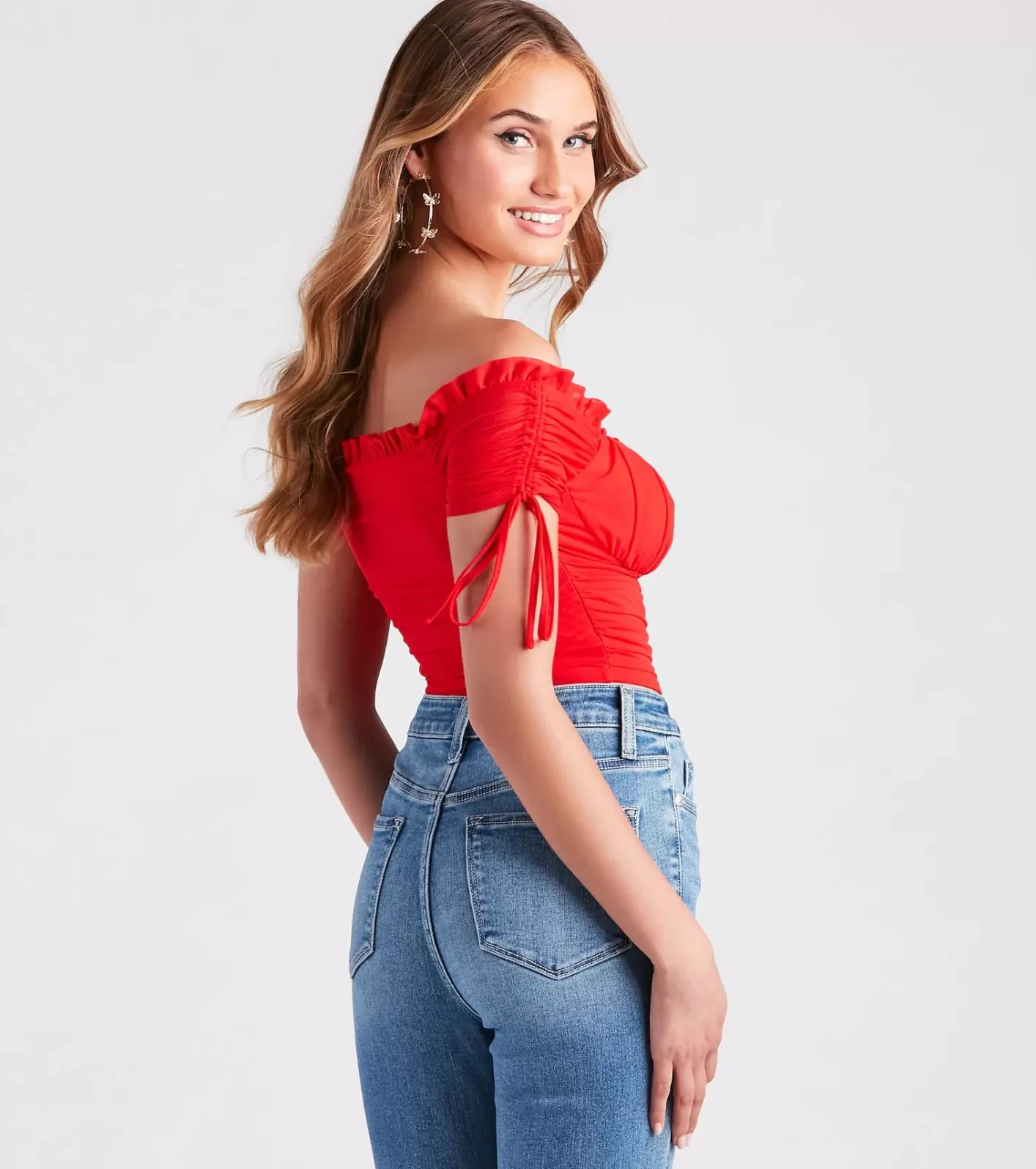 Windsor Hooked In Ruched Crop Top RED-2 Clearance