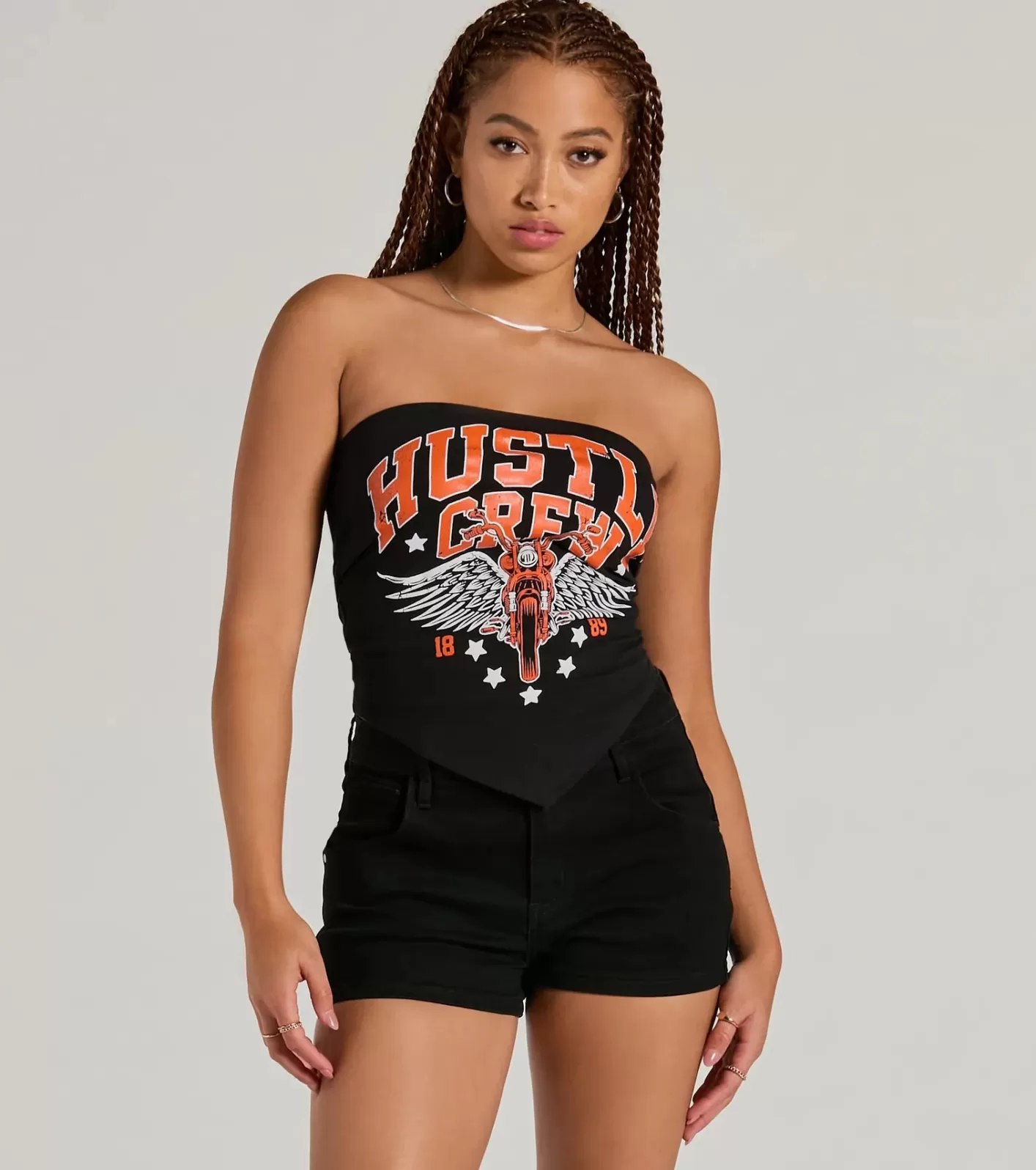 Windsor Hustle Crew Strapless Tube Graphic Crop Top BLACK Cheap