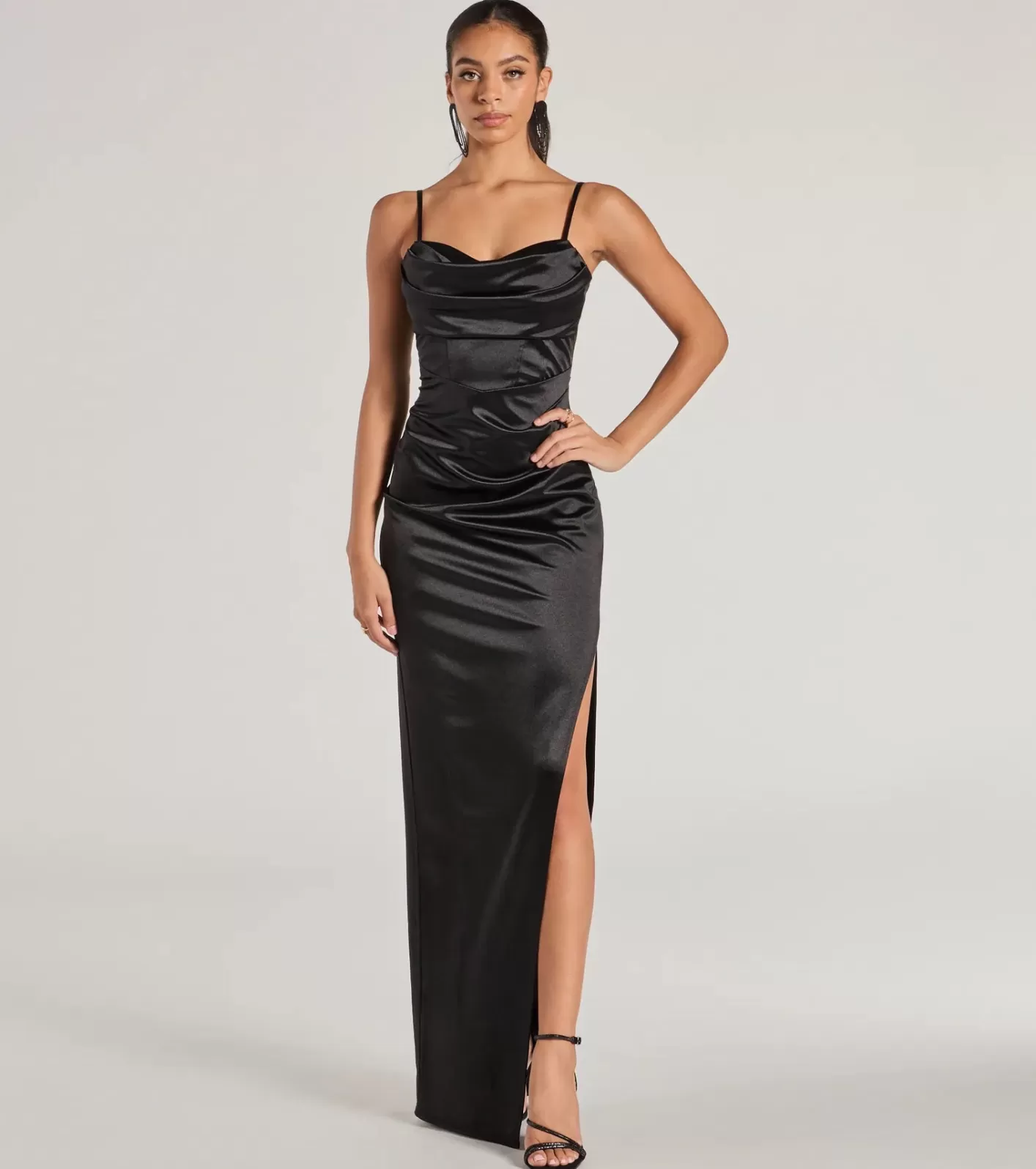 Windsor Iliana Cowl Neck High Slit Satin Formal Dress BLACK Cheap