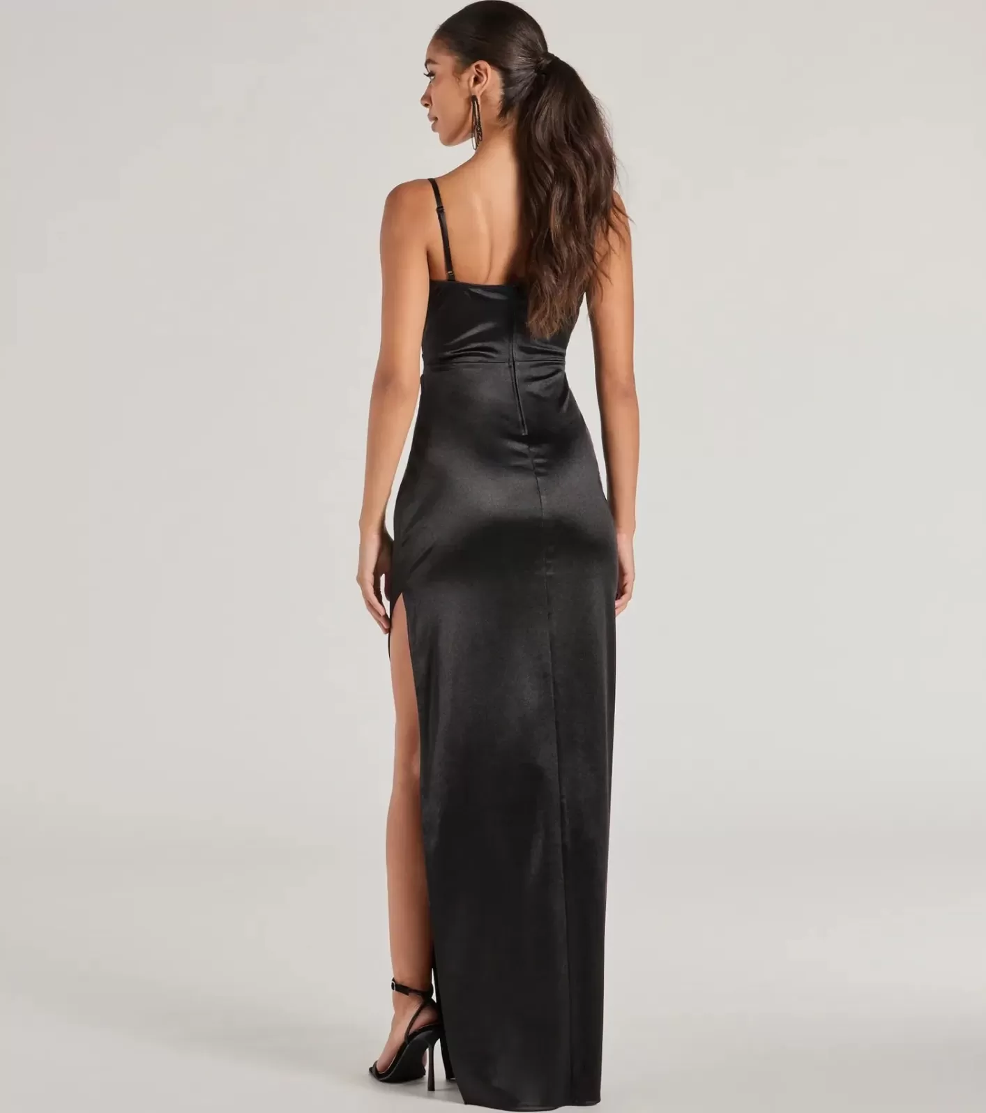 Windsor Iliana Cowl Neck High Slit Satin Formal Dress BLACK Cheap