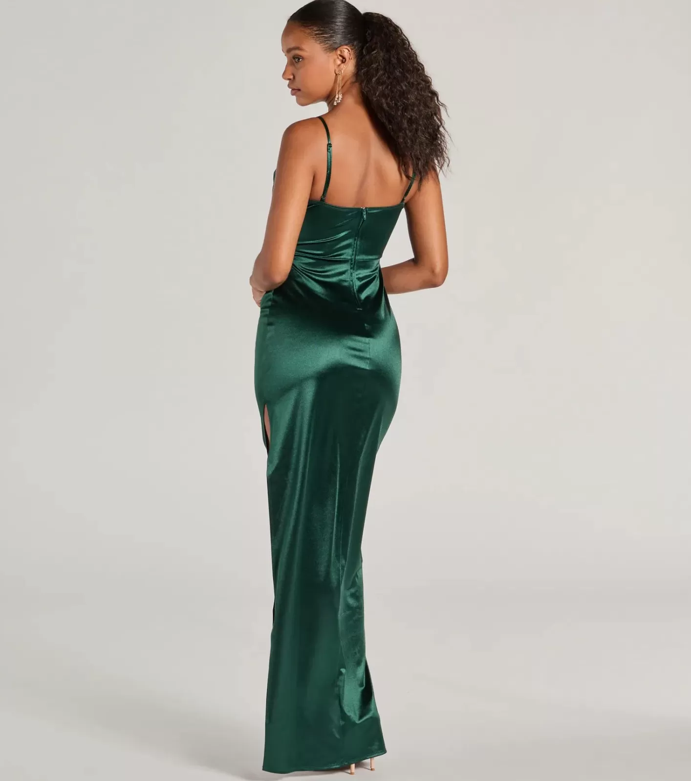 Windsor Iliana Cowl Neck High Slit Satin Formal Dress HUNTER Flash Sale