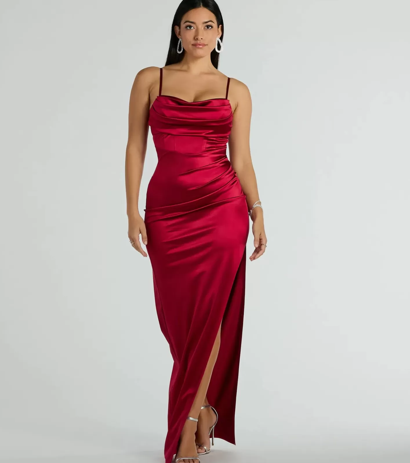 Windsor Iliana Cowl Neck High Slit Satin Formal Dress RED Cheap