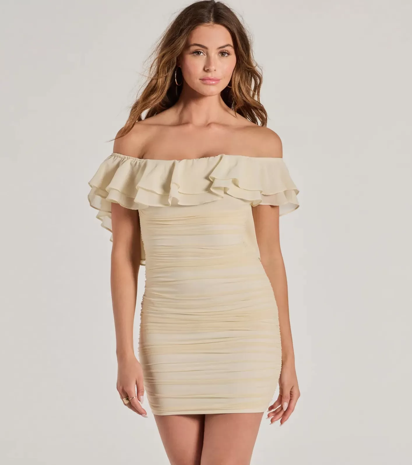 Windsor Inspired Allure Off-The-Shoulder Bodycon Mini Dress IVORY Discount