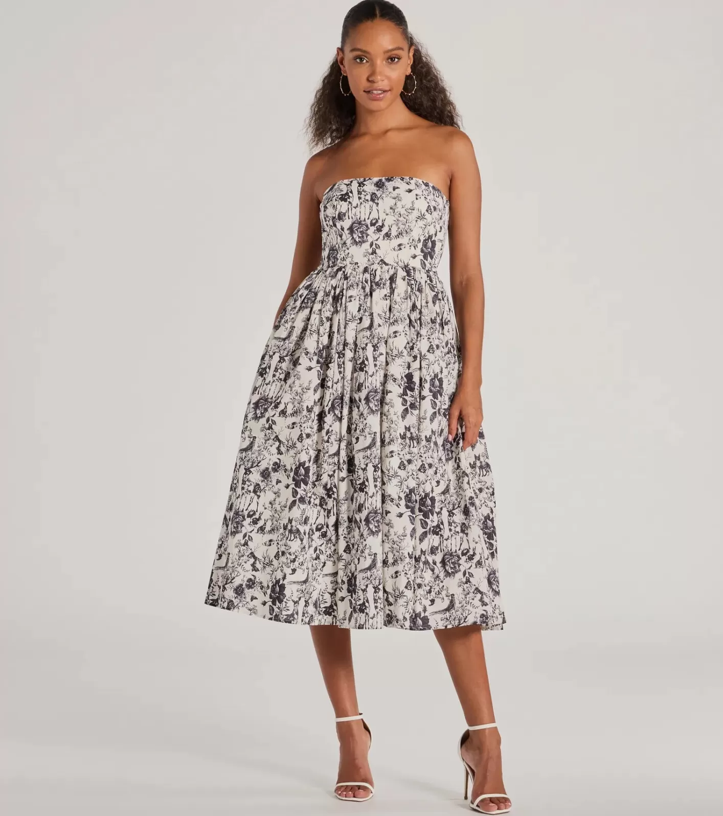 Windsor Into The Floral Forest Strapless A-Line Midi Dress BLACK New