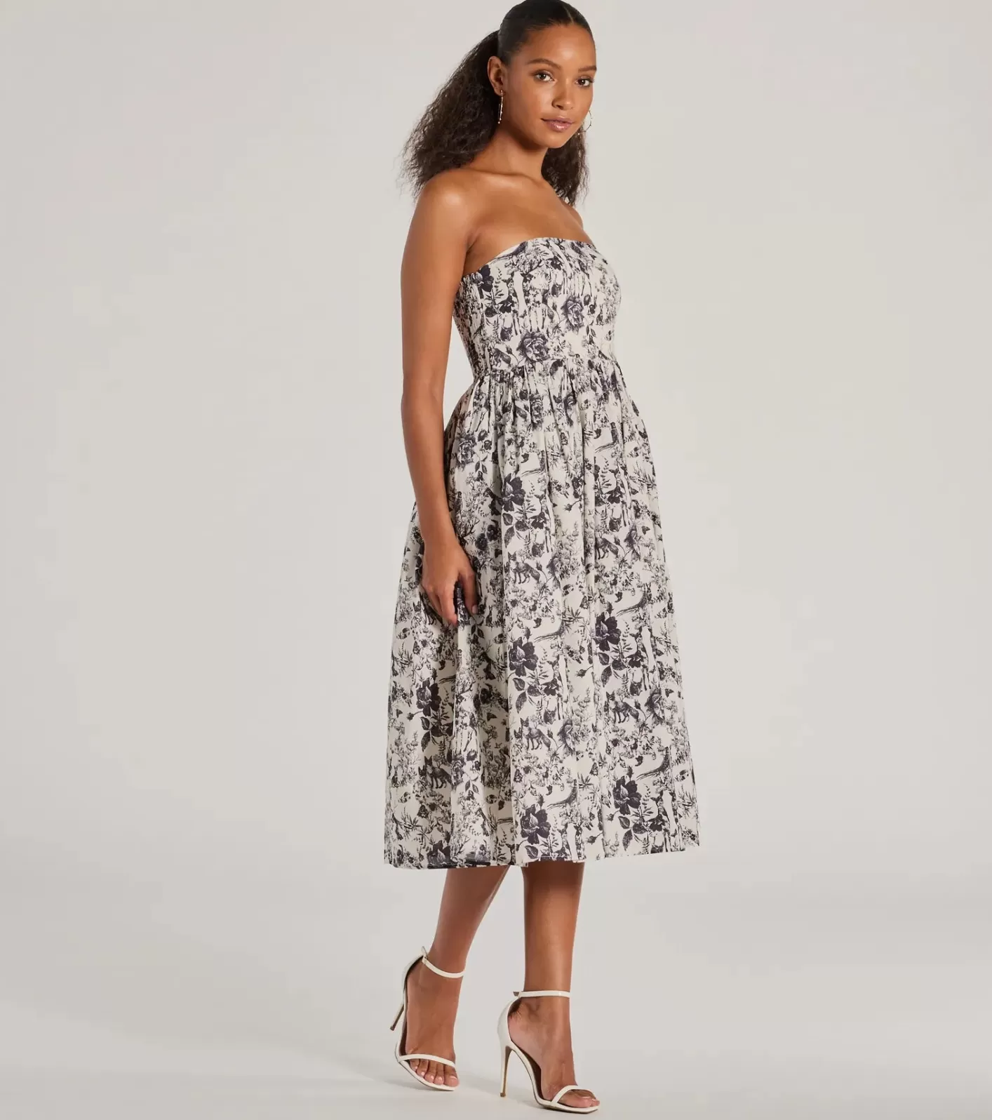 Windsor Into The Floral Forest Strapless A-Line Midi Dress BLACK New
