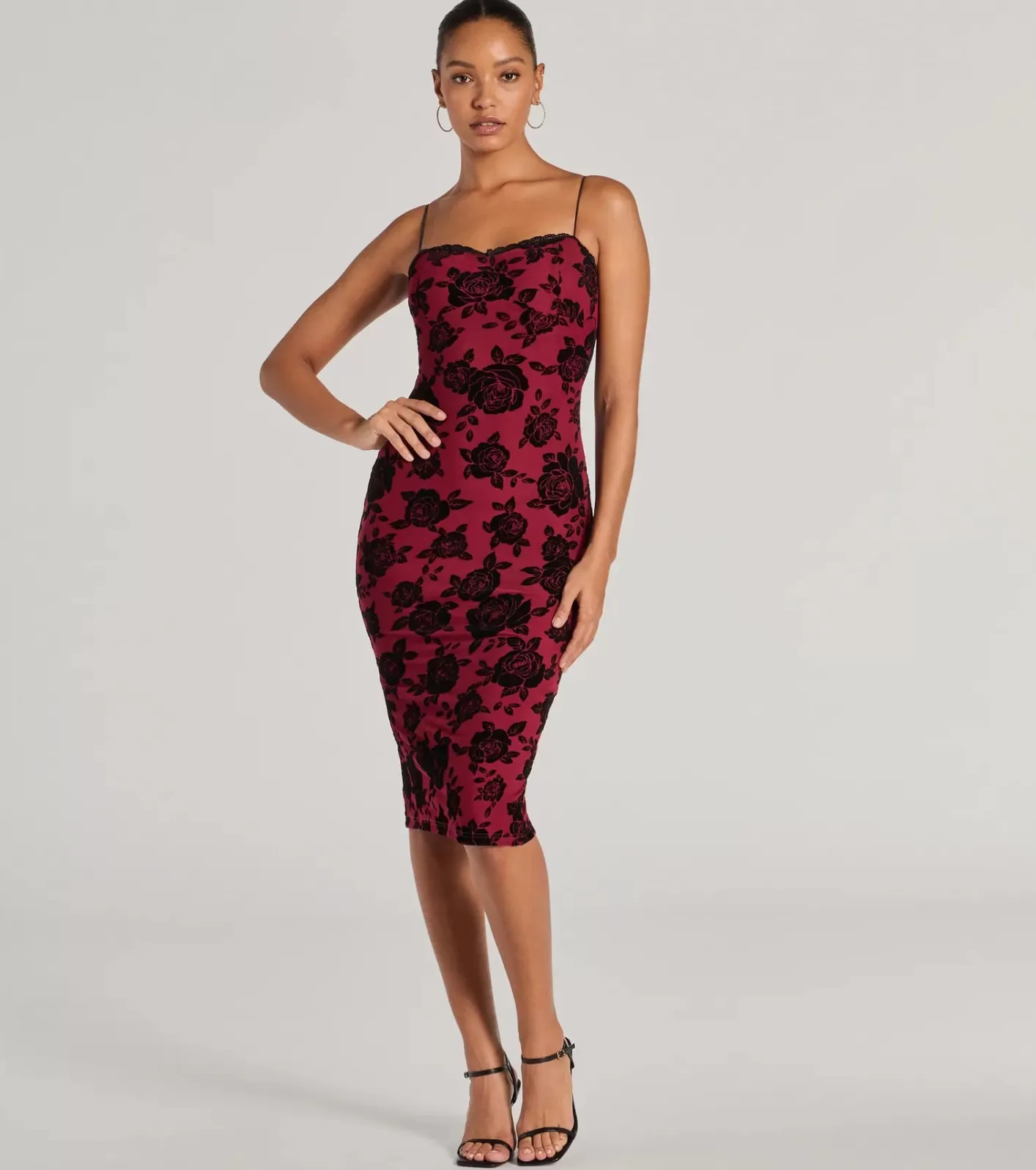 Windsor Irresistible Romance Rose Velvet Lace Midi Dress BURGUNDY Clearance