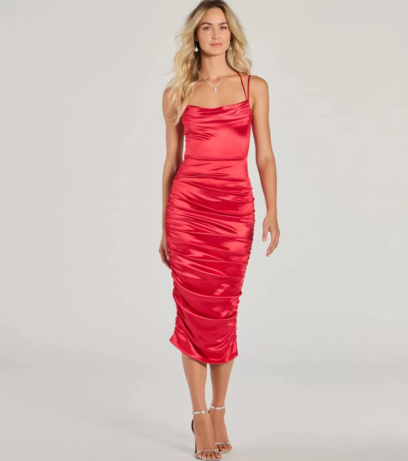 Windsor Ivette Formal Satin Lace-Up Midi Dress RED Best