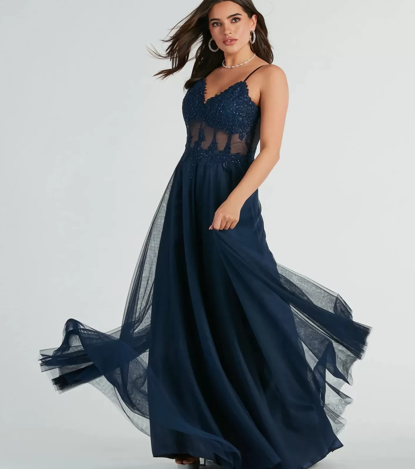 Windsor Jaci Rhinestone Embroidered Mesh Formal Dress NAVY Cheap