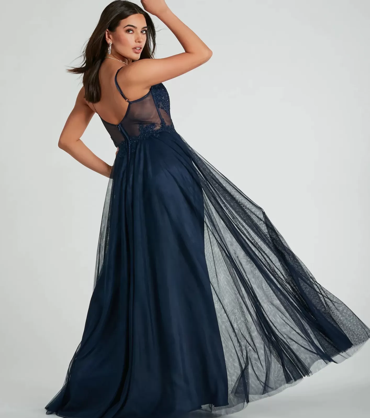 Windsor Jaci Rhinestone Embroidered Mesh Formal Dress NAVY Cheap