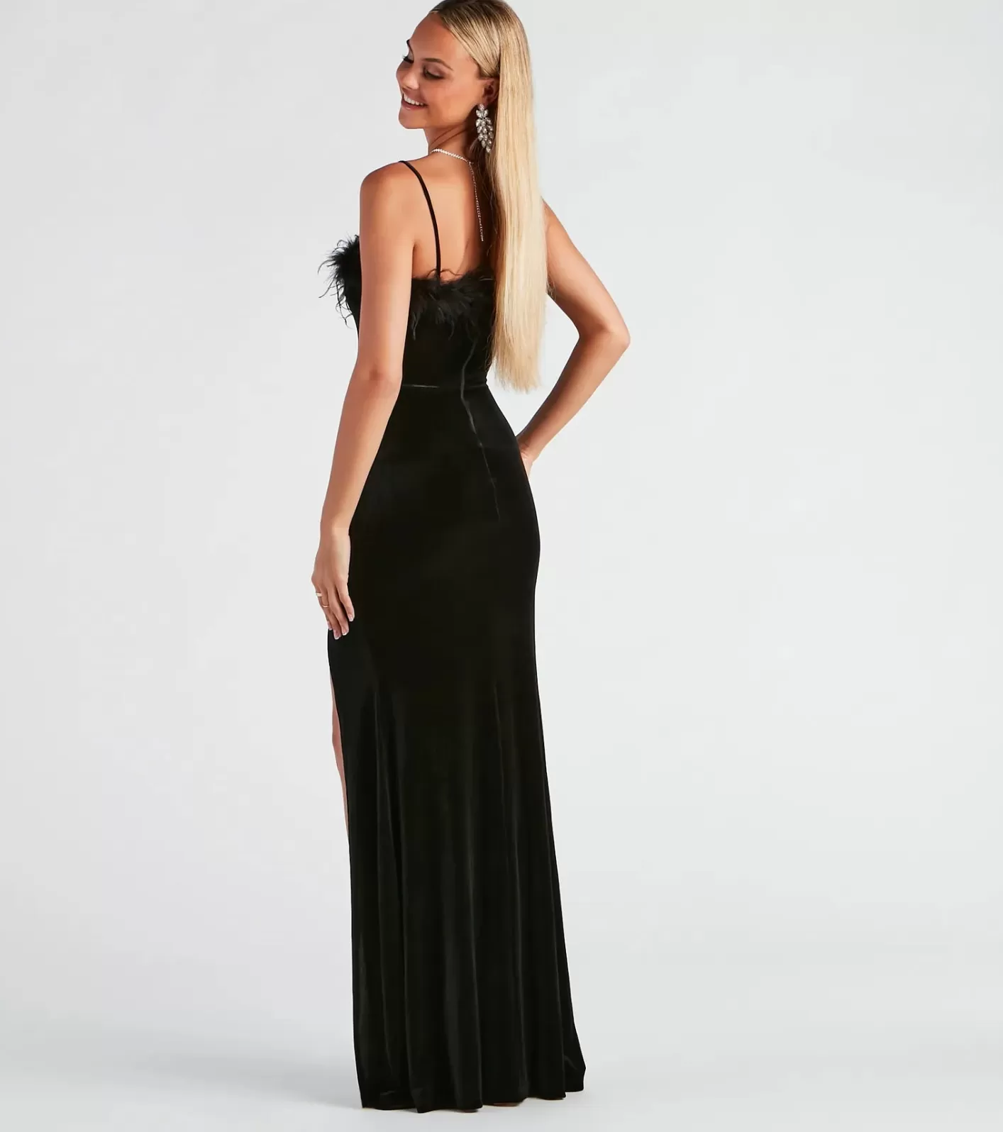 Windsor Jaime Feather Trim Velvet Mermaid Dress BLACK Online