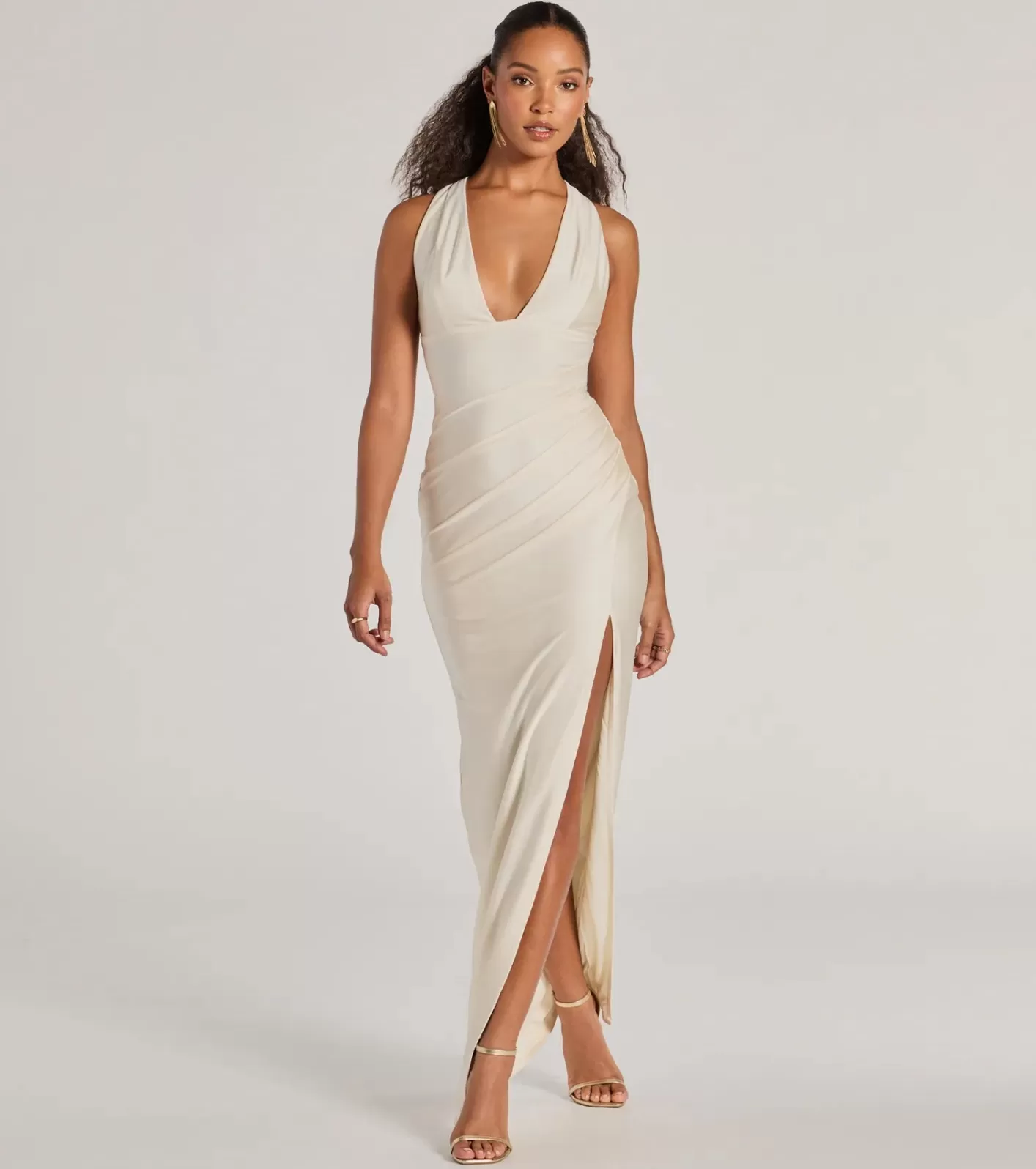 Windsor Jenn V-Neck Strappy Back Slit Long Formal Dress IVORY New