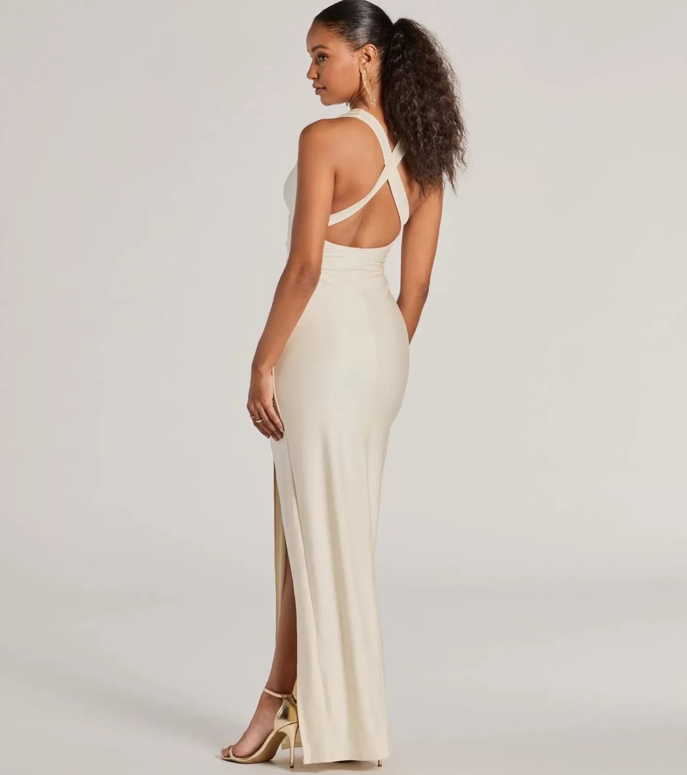 Windsor Jenn V-Neck Strappy Back Slit Long Formal Dress IVORY New