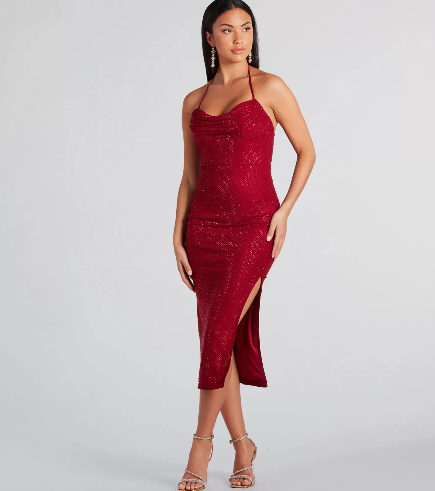 Windsor Josie Formal Rhinestone Cowl Halter Midi Dress WINE Sale