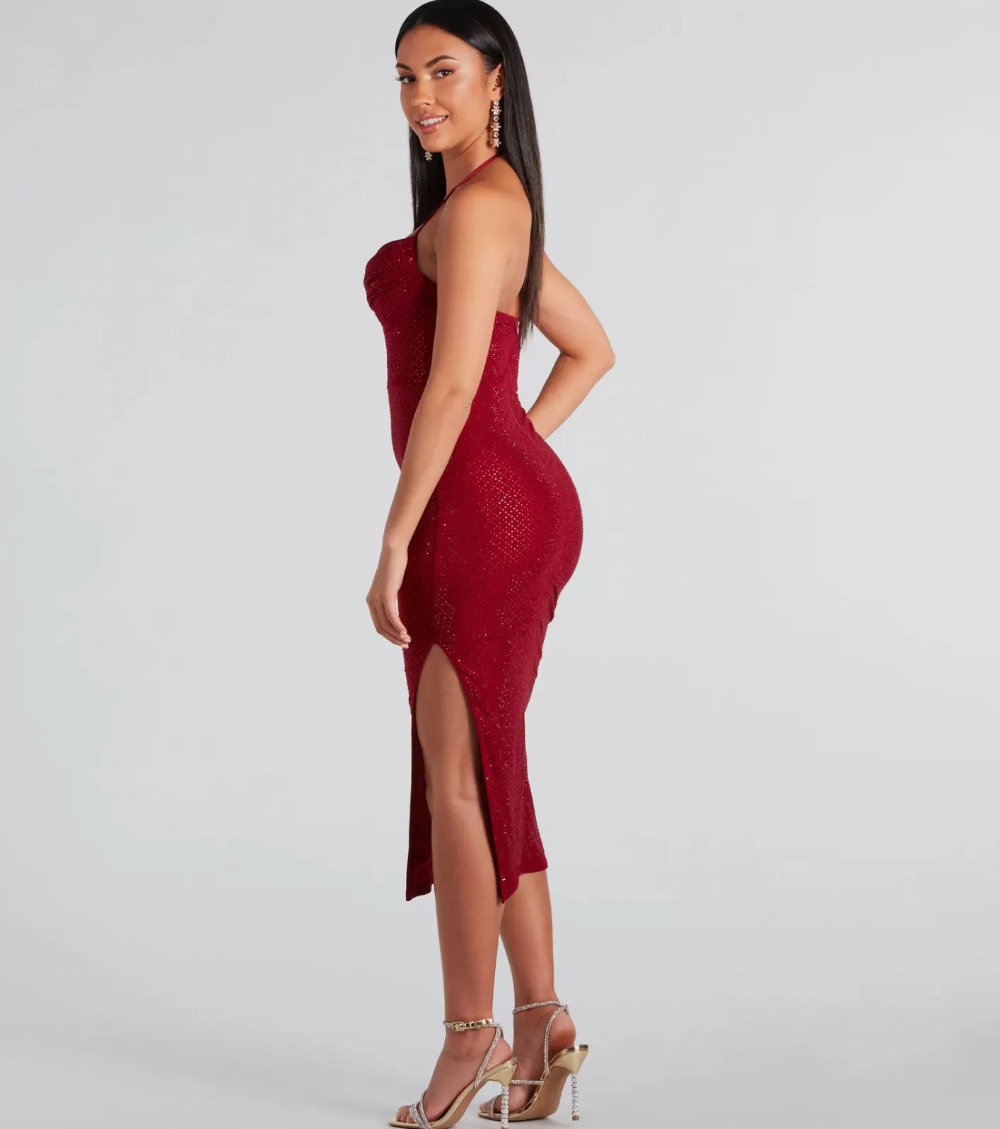 Windsor Josie Formal Rhinestone Cowl Halter Midi Dress WINE Sale