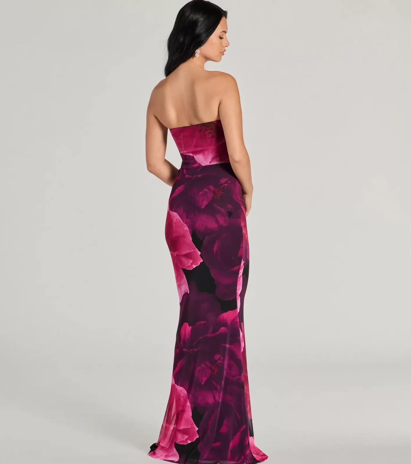 Windsor Julianna Floral Mesh Strapless Mermaid Dress MAGENTA Store