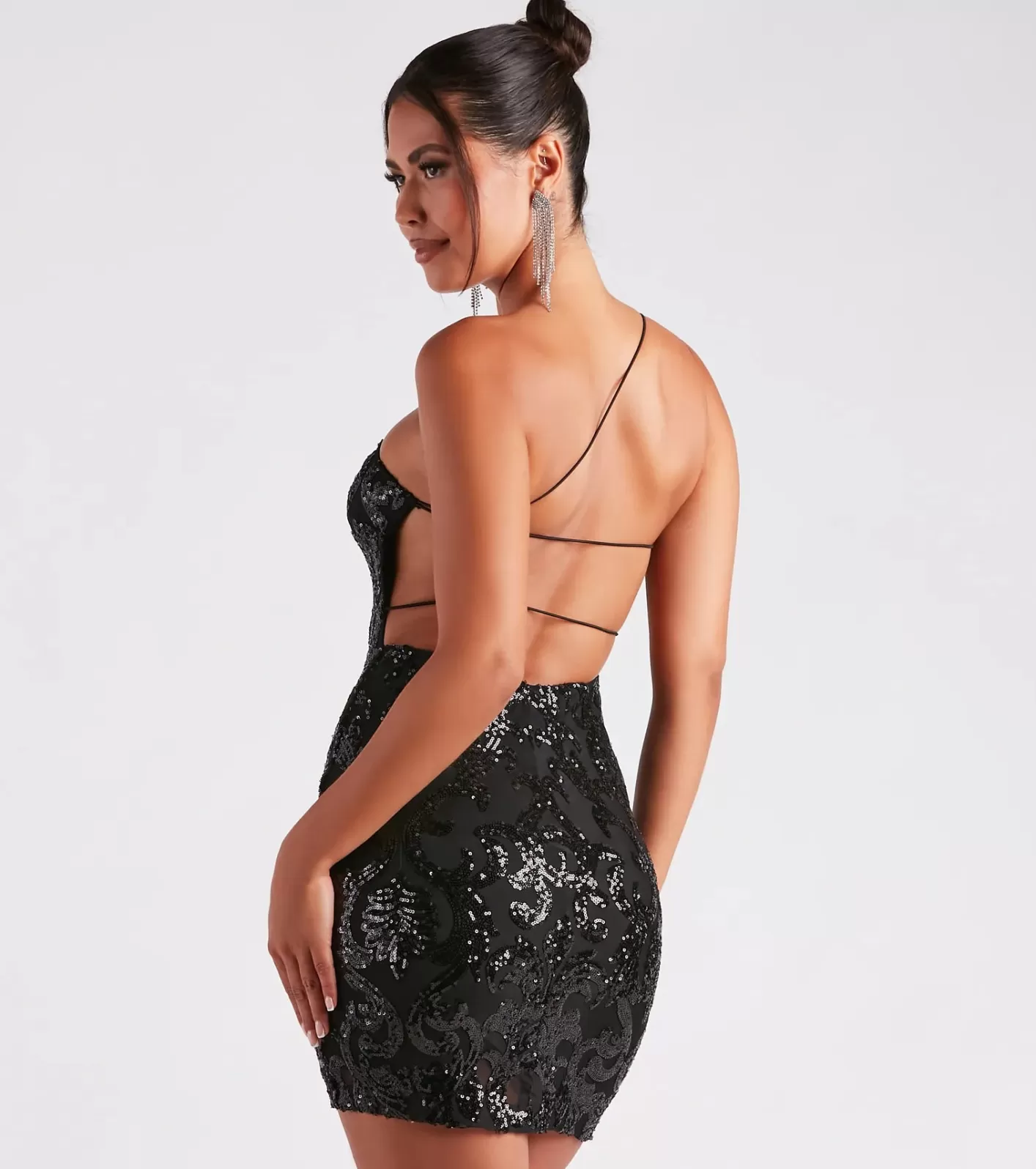 Windsor Kai Formal One-Shoulder Sequin Short Dress BLACK-2 New