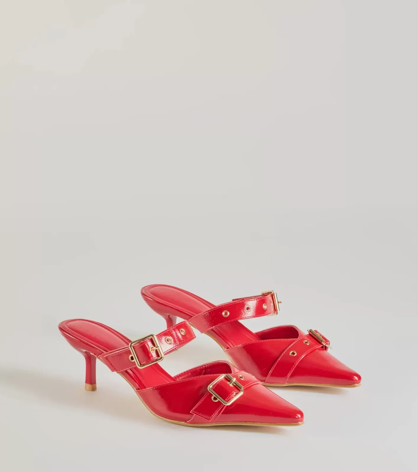 Windsor Keep It Chic Buckle Strap Kitten Heel Mules RED Fashion