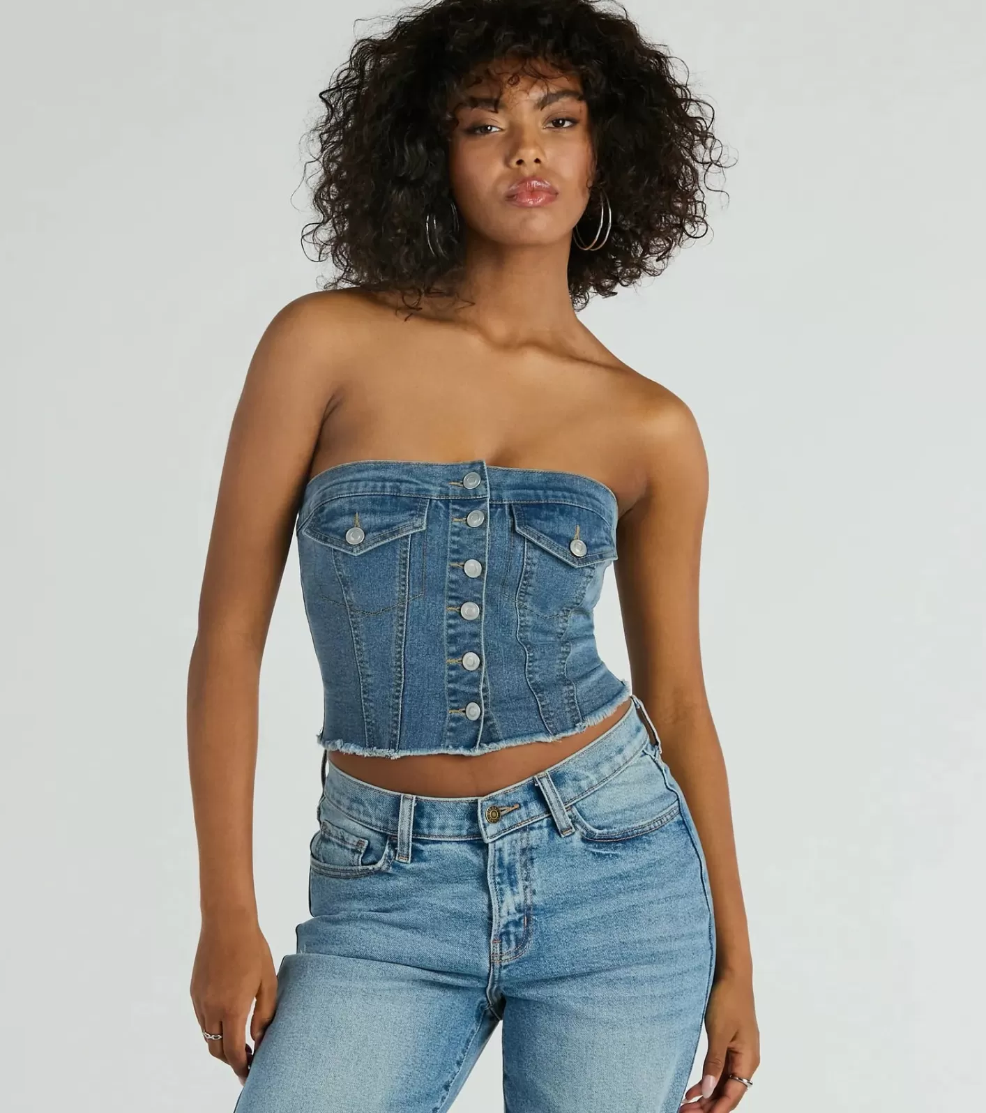 Windsor Keep It Chill Strapless Denim Crop Top MEDIUMDENIM Clearance