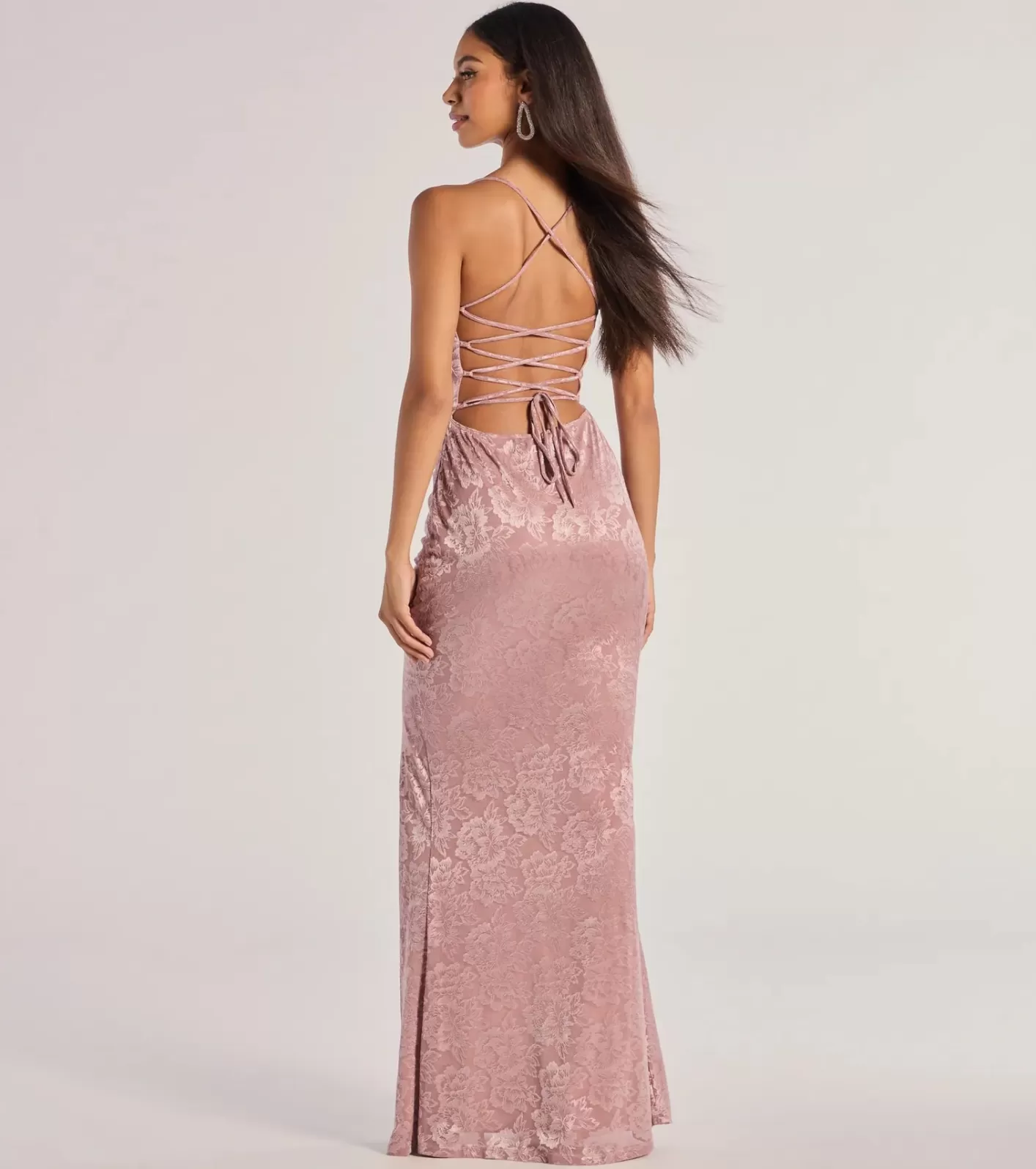 Windsor Kehlani Formal Floral Lace Slit Mermaid Dress MAUVE Hot