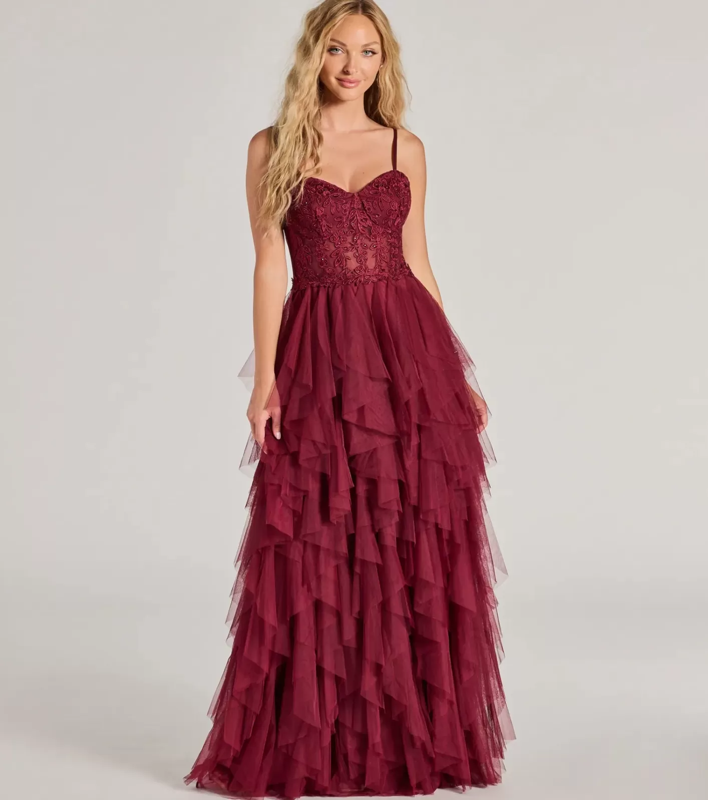 Windsor Keyla Floral Applique Tiered Ruffle Tulle Gown BURGUNDY Discount