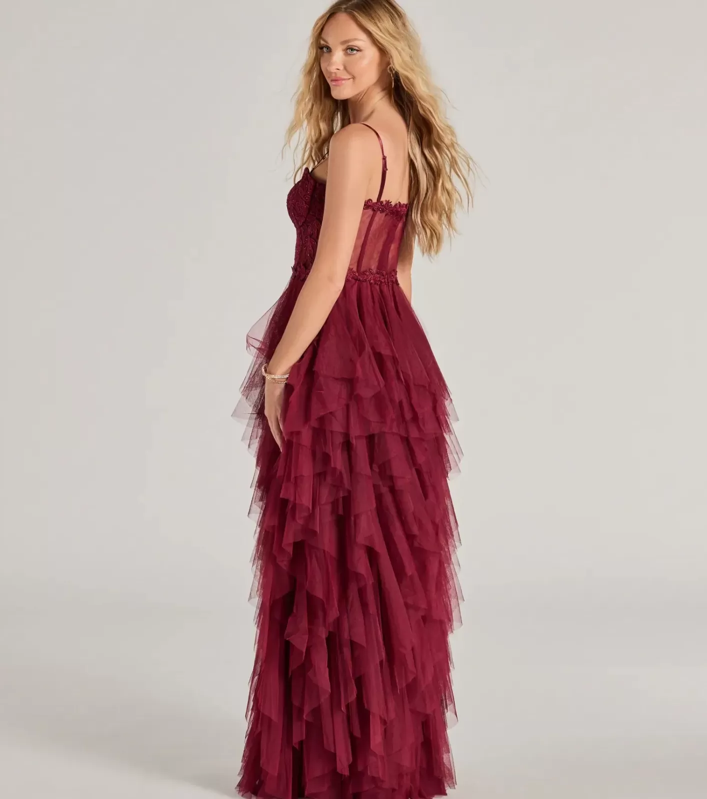 Windsor Keyla Floral Applique Tiered Ruffle Tulle Gown BURGUNDY Discount